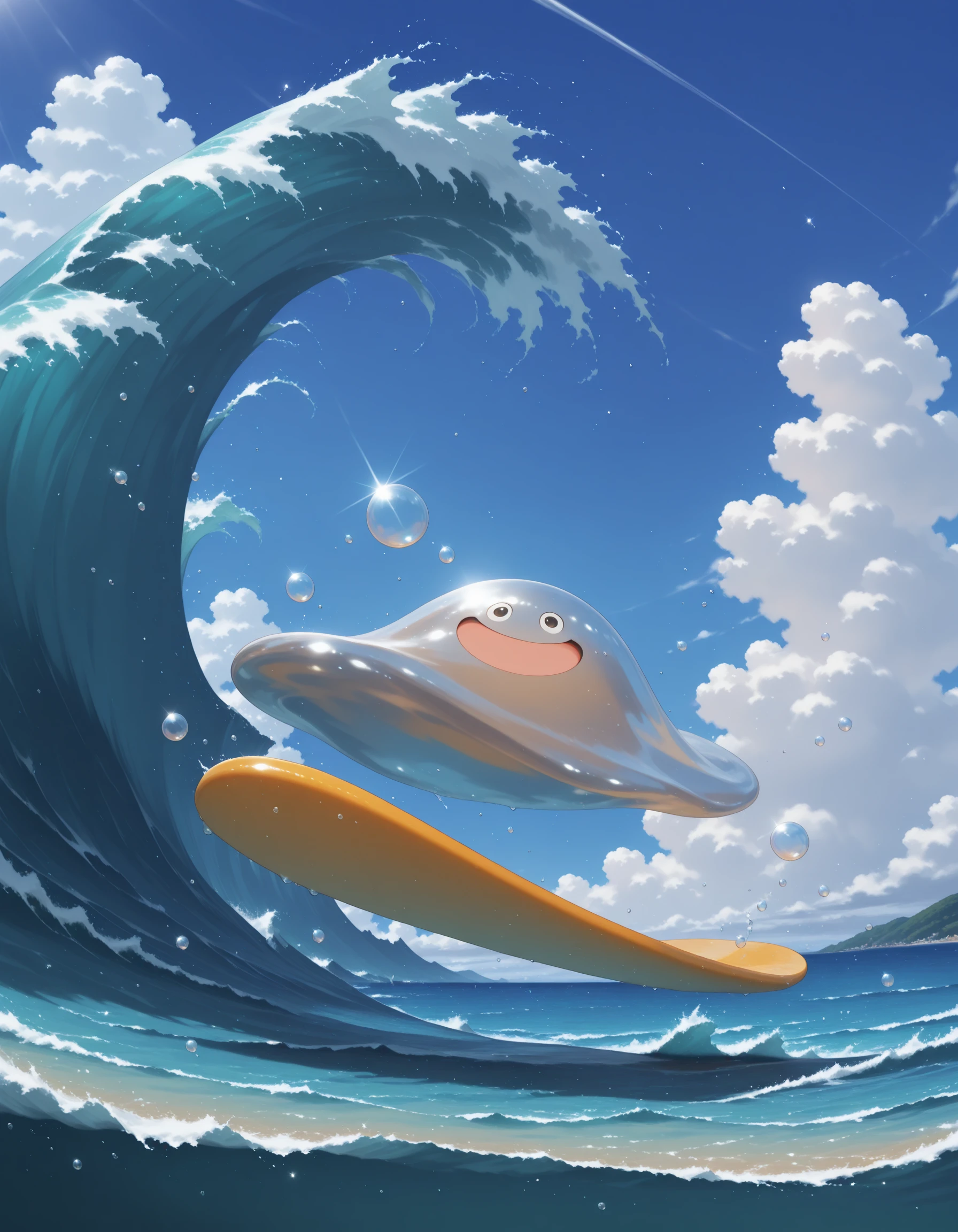 masterpiece,extreme detailed,day,outdoors,sky,cloud,ocean BREAK 1other,solo,hagurin,no human,no legs,:D,slime \(creature\),bubble,<lora:hagurin-ILv2:1>,surfing,waves,