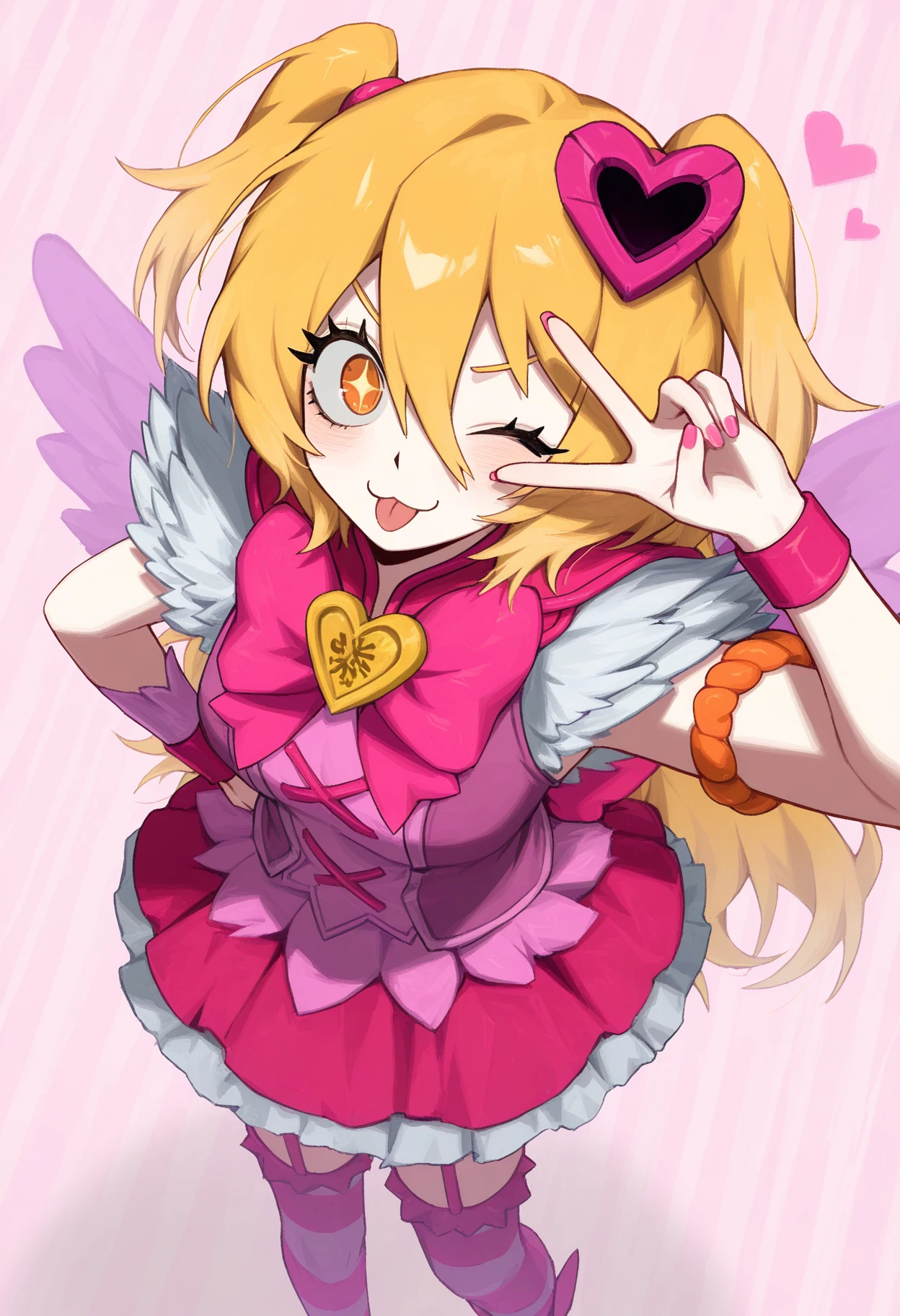 project moon, limbus company, don quixote \(project moon\), + +, 1girl, :3, blonde hair, blush, dress, (queen of hatred, queen of hatred \(cosplay\)), cosplay, one eye closed, orange armband, orange eyes, solo, tongue, tongue out, two side up, v, v over eye, bow, bowtie, gradient hair, hair ornament, heart, heart hair ornament, long hair, magical girl, pink bow, pink bowtie, pink garter straps, pink nails, pink skirt, pink vest, skirt, solo, standing, striped background, two side up, vest, from from above, foreshortening, 
<lora:limbus_vellmori:0.9>, masterpiece, best quality, highres, absurdres
