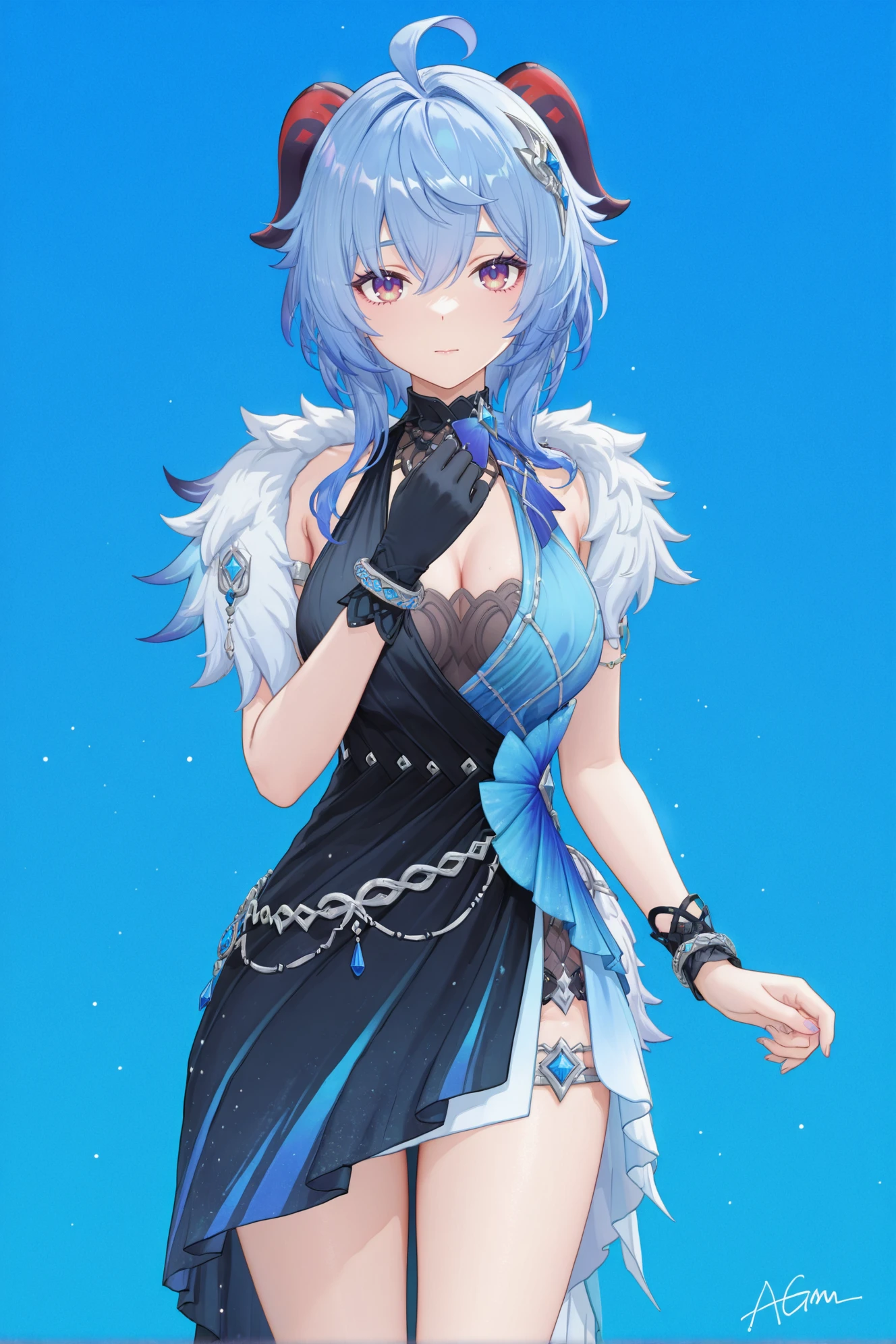 masterpiece,best quality,((artist:reoen),(artist:fuzichoco),(artist:atdan),(artist:torino_aqua:0.5),year 2024:0.5),(artist:omone_hokoma_agm:0.8),
ganyu \(genshin impact\),
<lora:yela_newc-noob-Tanger:0.9>,
clothes: yelanew blue-and-black dress,yelanew alternate costume,1girl,yelanew single glove,jewelry,bracelet,sleeveless,yelanew fur trim,
jijia,2d,anime,1girl,breasts,solo,looking at viewer,large breasts,simple background,blue background,cowboy shot,closed mouth,thighs,