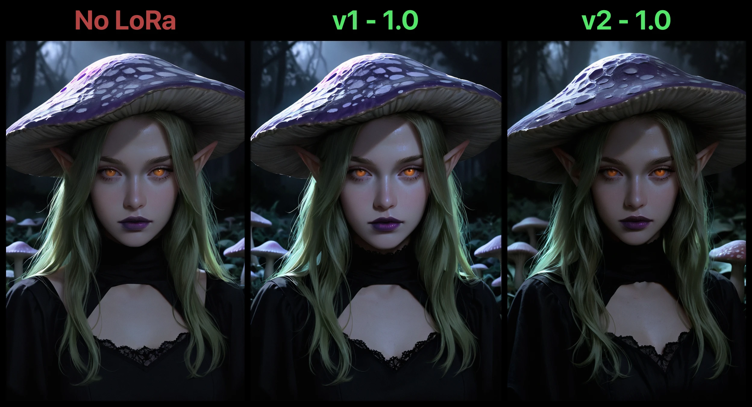 masterpiece, best quality, amazing quality, very aesthetic, high resolution, ultra detailed, perfect details, realistic, photorealistic, BSS_RSGRL, 1girl, black dress, orange eyes, no pupils, stands in a mushroom field, portrait, looking at viewer, purple lipstick, glowing, green hair, mushroom hat, elf ears, dark theme