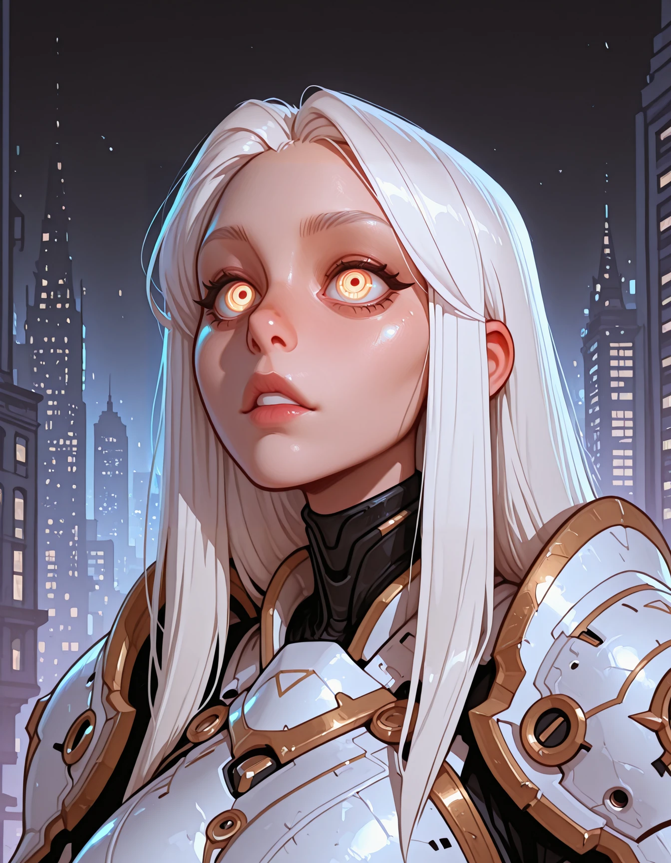 1girl, white hair, straight hair,  mysterious, alluring  eyes, a paragon of beauty, white armour,  city background, detailed background, dynamic image, action