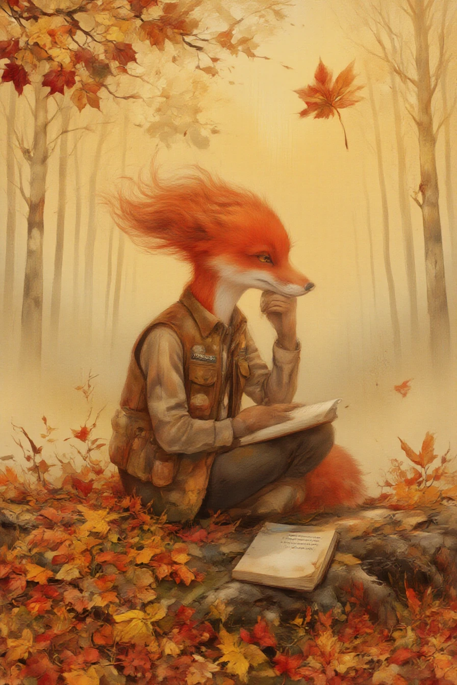 <lora:shurochka:1>, 2. Shurochka the Thinker â Among the Autumn Leaves
A red fox sits on a fallen log covered in golden and crimson leaves, her ears slightly lowered in thought. She wears a practical vest, one paw holding a notebook, the other a pencil paused mid-sentence. Her amber eyes are fixed on a single leaf caught in a spiral of wind. Around her: a whirl of autumn foliage, a distant crowâs call, the scent of damp earth. Background: a forest in full fall, sunlight dappled through the trees. Style: whimsical childrenâs book illustration, soft watercolor textures, warm lighting. Mood: reflective, introspective, touched by change.