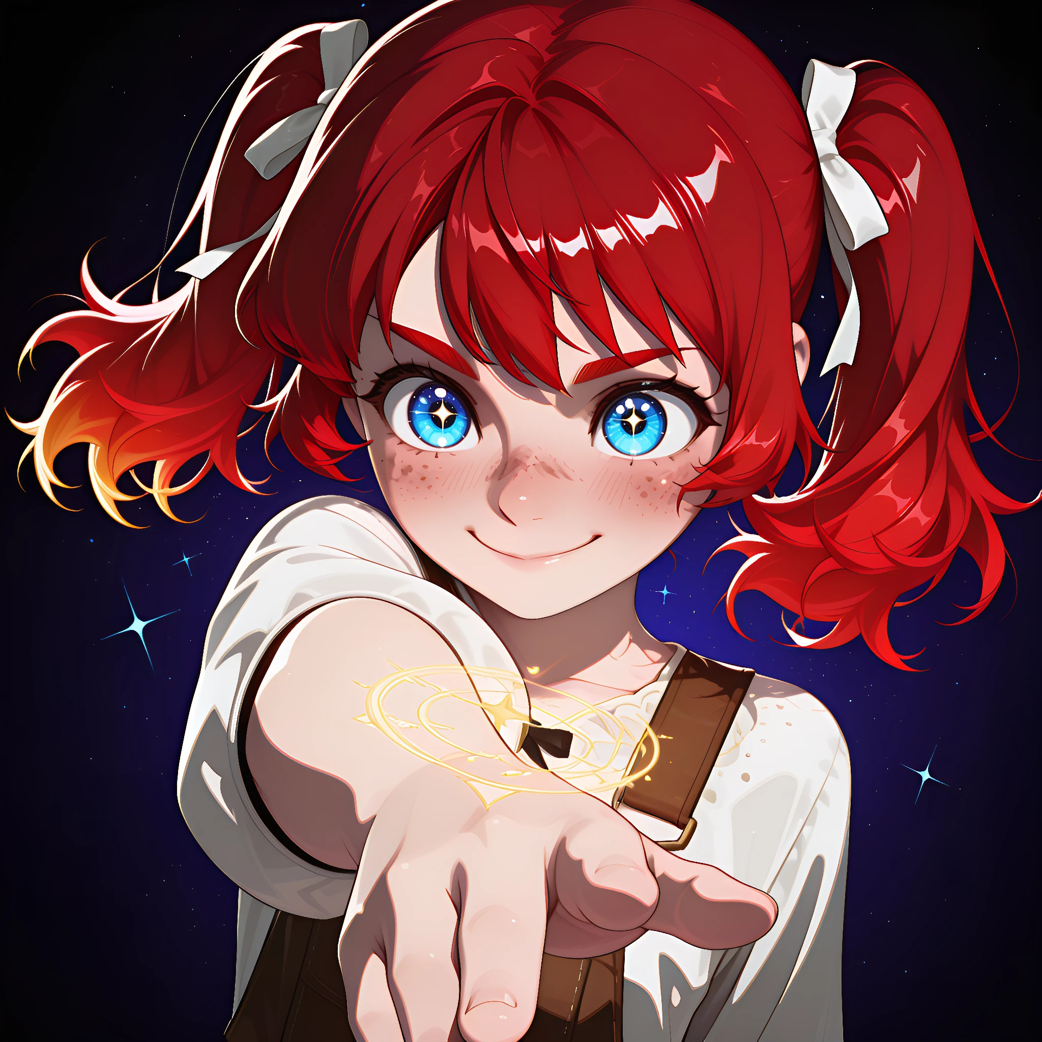 pearlystyle, dynamic pose, foreshortening, extreme perspective lazypos, flat colors, 2d, (cel_shading:1.25), bleak_ambiance, BREAK in center, solo, upper body, laughing joyfully, BREAK a cute girl with a close-up focus on her face, bright expressive big eyes full of wonder, vibrant red hair styled in soft twin ponytails tied with ribbons, a sprinkle of freckles across her cheeks and nose, smooth skin with a gentle blush, a small playful smile on her lips, the background a colorful vortex of magic swirling with glowing hues of pink blue purple and gold, sparkling particles and mystical light weaving through the air, the magical energy casting a soft radiant glow on her face, the overall scene enchanting and otherworldly with a dreamy fairytale atmosphere <lora:Pearly_style__Illustrious:1.00> <lora:DynamicPoseIL2att_alpha1:0.50>