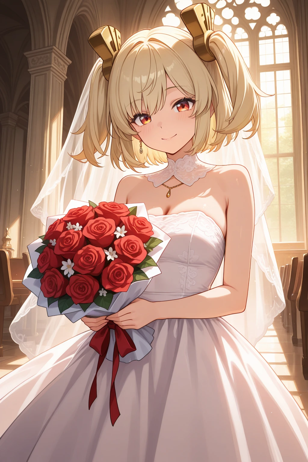 very awa, (vivid colors), detailed eyes, shining eyes, masterpiece, best quality, ultra-detailed, (8k), (hdr), (ultra-detailed), absurdres, looking at viewer, solo, 1girl, girl, indoors, church, day, smile, aaburnice, red eyes, blonde hair, two side up, hair ornament, wedding dress, white wedding dress, sleeveless dress, strapless dress, ((standing, holding bouquet, cowboy shot))