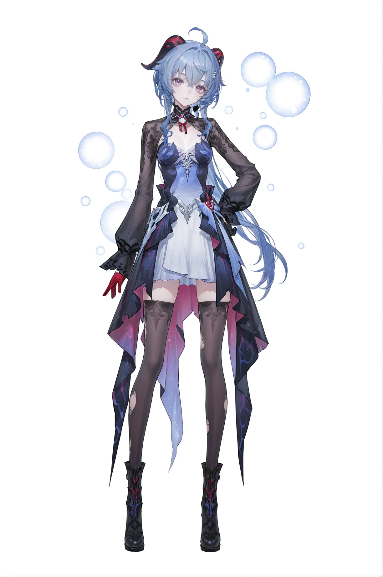 8k,best quality,masterpiece,(ultra-detailed),(high detailed skin),
(artist:reoen:0.826446),(artist:machi:0.9),(artist:ningen_mame:0.9),(artist:sho_(sho_lwlw):0.9),(artist:rhasta:0.9),(artist:wlop:0.7),(artist:ke-ta:0.6),(fkey:0.5),(tianliang duohe fangdongye:0.5),(hiten \(hitenkei\):0.6),best quality,amazing quality,(artist:onineko:0.826446),very aesthetic,bokeh,
masterpiece,best quality,<lora:wqmt-gnoob-Tanger:0.4>,Path to Nowhere \(video game\),game CG,cool,
full body,full shot,standing,looking at viewer,(solo:1.2),simple background,(white background:1.2),hand on own hip,(white background:1.1),
<lora:Hysilens-ill-Tanger:0.9>,
ganyu \(genshin impact\),blue hair,
clothes: Hysilensdef white-and-black dress,Hysilensdef thighhighs,Hysilensdef mismatched gloves,long sleeves,torn thighhighs,black left glove,red right glove,