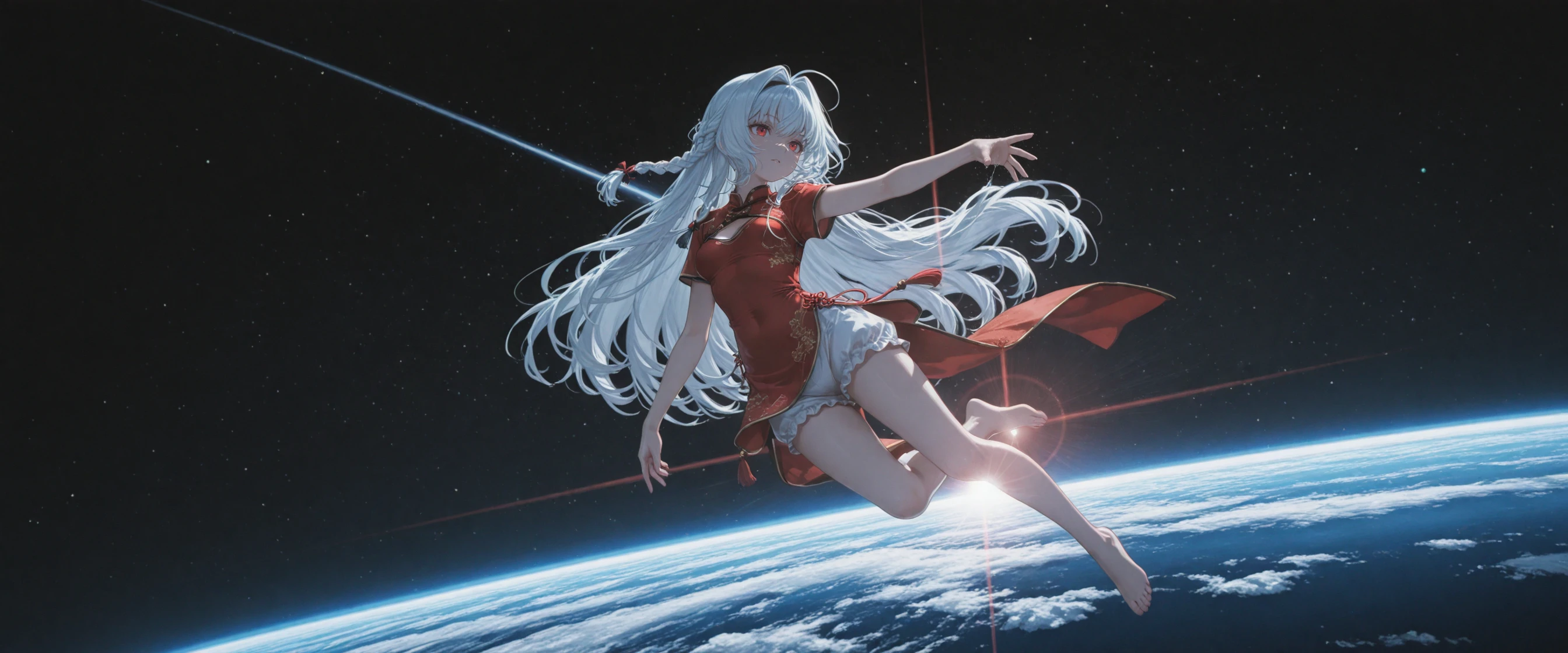 masterpiece,high quality,best quality,newest,incredibly absurdres,high contrast,
<lora:æ®é西æ:0.9>,braid,hair intakes,long hair,red eyes,white hair,
red chinese clothes,white bloomers,space,space background,suspended hair,horizon,sunlight,full body,barefoot,lens_flare,chromatic_aberration,overexposure,strong rim light,Rim Lighting,suspended body,dynamic pose,((wide_shot)),