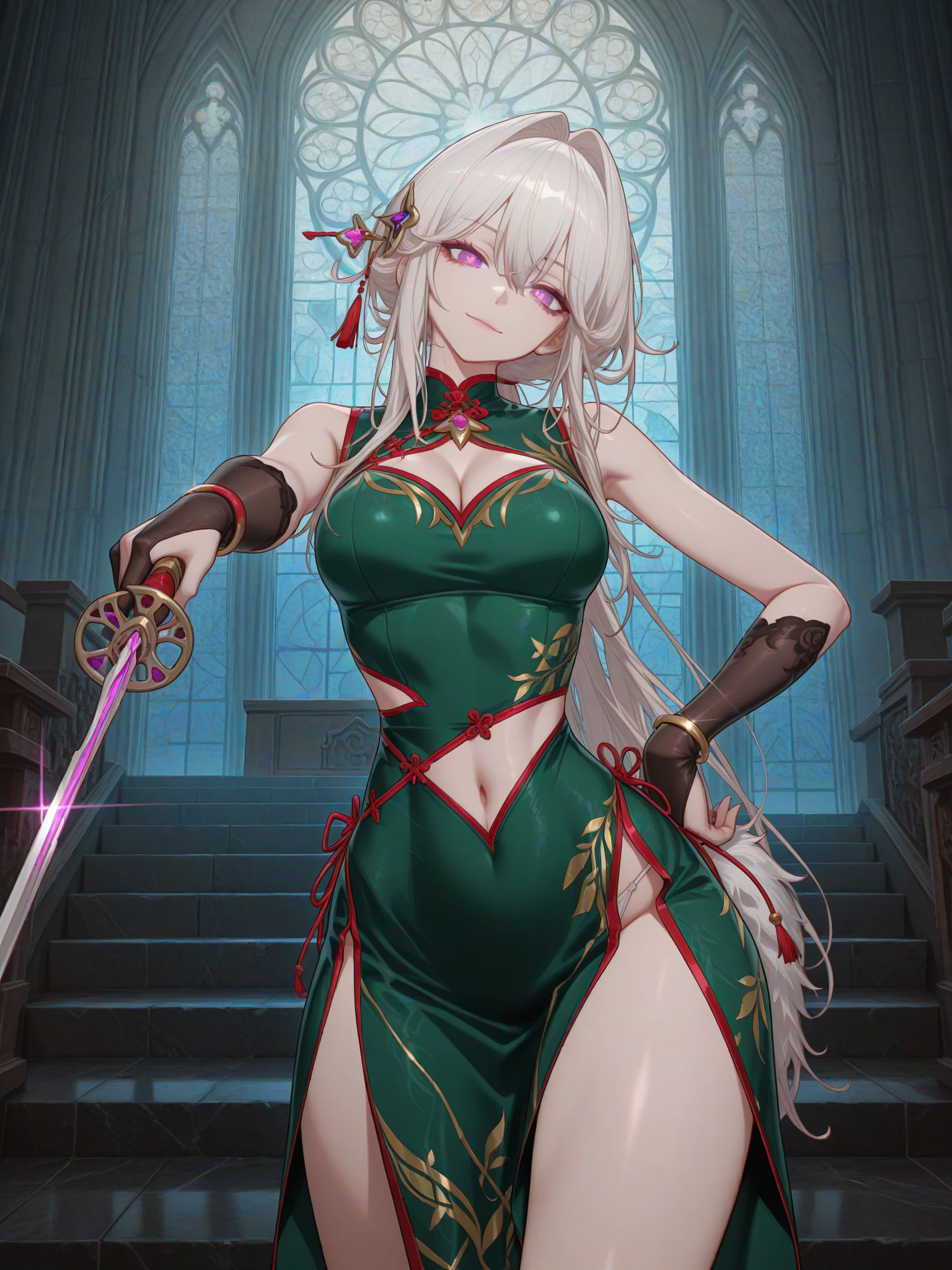 masterpiece, best quality, newest, absurdres, highres, detailed eyes, beautiful, detailed background, perfect eyes, anime coloring, anime screencap, church background, hand on hip,
<lora:Blade_and_Soul_Spirit_of_Bamboo_Outfit-000018:1>, bnsBmbo, green dress,red trim, revealing clothes, sleeveless dress, side-tie dress, chinese clothes, china dress, side slit, front slit, red string, stomach cutout, pelvic curtain, fur_(clothing), stomach cutout, navel cutout, white string panties, clothing cutout, , bare_shoulders, clothing cutout, cleavage cutout, partially fingerless gloves, bridal gauntlets, bracelet
medium breasts, (1girl, solo,:1.2)
{{Artist: ask (askzy)}},year_2023,artist:pigeon666,artist:As109, artist:gorgeous mushroom, ,1girl, solo, , best quality, amazing quality, very aesthetic, absurdres,[masterpiece], [beautiful detailed eyes],best quality, amazing quality, very aesthetic, absurdres,
<lora:ThelemaV3_IL:1> Thelema, purple eyes, long hair, white hair, hair intakes, hair ornament, serious,( aiming at viewer, aiming sword at viewer, aiming_at_viewer:1.3), , head tilt, glare, serious,  smile,