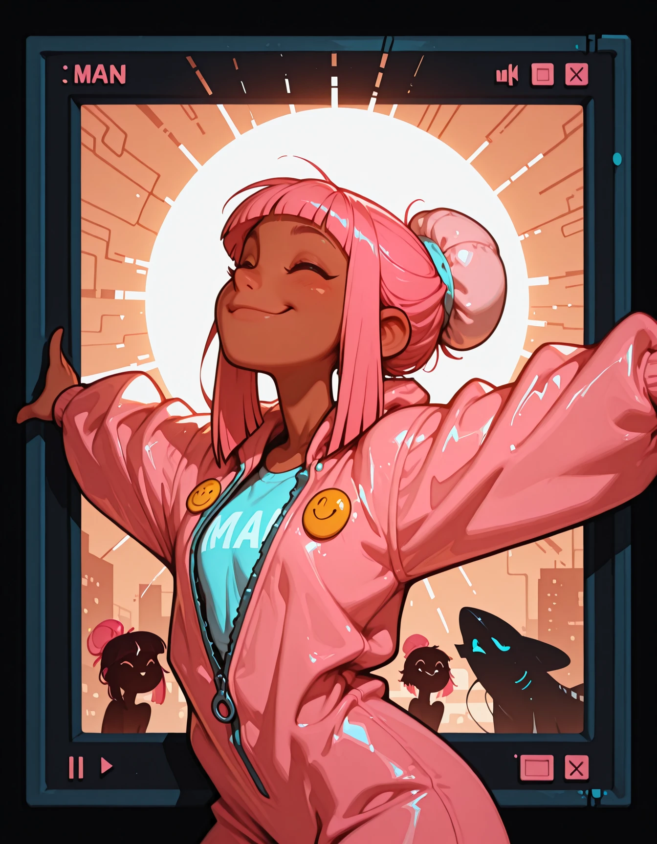 woman, happy, ^_^,smiley face, hime cut, pastel pink hair, arched bangs, twisted hair, bun cover, blunt ends, brown skin, m1 helmet, spread arms, pushing, unzipped manta ray onesie, name tag, profile, robin egg blue and bright pink, (silhouette:1.3), warm tone contrast, sun flare, warm golden hour lighting, ektachrome, kodachrome, masterpiece, best quality, highres, newest, year 2024, absurdres, mhh, glitch, abstract, window \(computing\)