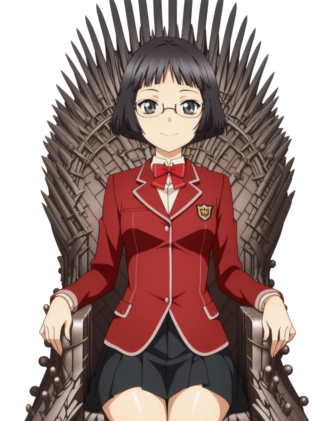 masterpiece, best quality, amazing quality,, <lora:kanon-kusama-s1-illustriousxl-lora-nochekaiser:1>, kanon kusama, short hair, black hair, glasses, black eyes, mature female, small breasts, anime screencap, skirt, bow, jacket, pleated skirt, bowtie, blazer, red blazer, red bowtie, black skirt,, <lora:iron-throne-illustriousxl-lora-nochekaiser:1>, iron throne, sitting, looking at viewer, sword, throne, sitting on throne, smile, cowboy shot, living room, sofa, TV, coffee_table, decor, cowboy shot, solo, looking at viewer, <lora:transparent-background-illustriousxl-lora-nochekaiser:1>, transparent background, simple background, white background