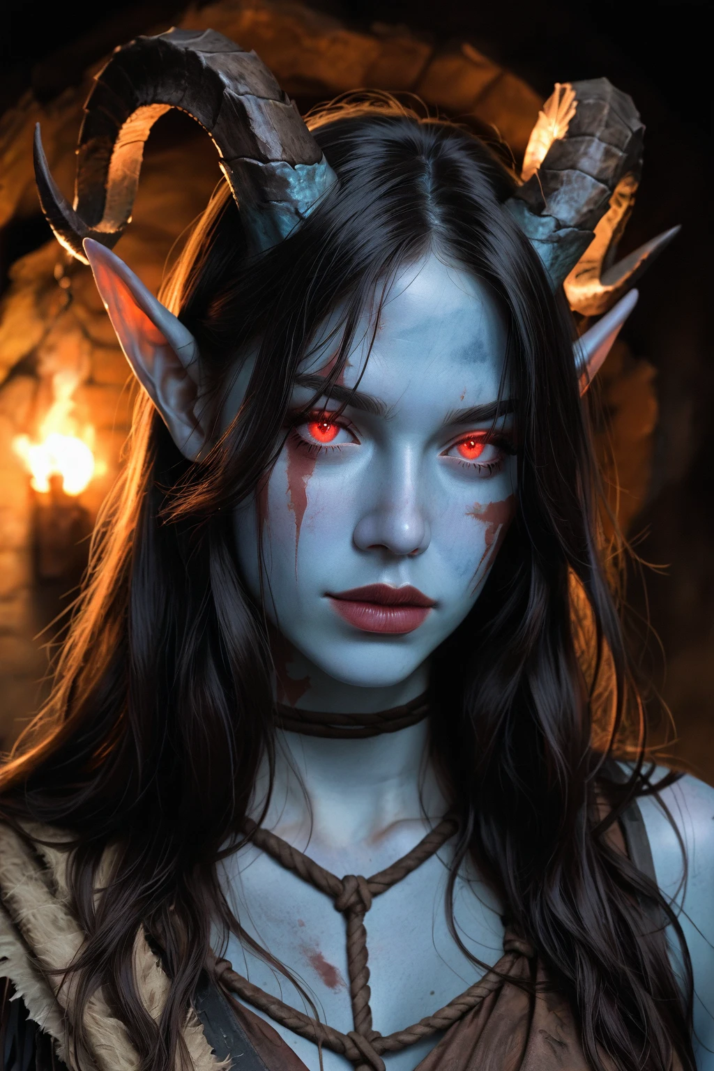 masterpiece, best quality, amazing quality, very aesthetic, high resolution, ultra detailed, perfect details, realistic, photorealistic, BSS_RSGRL, 1girl, portrait, beautiful, tiefling shaman, black hair, (long hair:1.3), side bangs, horns, barbarian, gladiator, war paint, tribal markings, long tail, blue skin, red lips, red eyes, glowing eyes, (smug:0.85), dramatic lights, detailed
