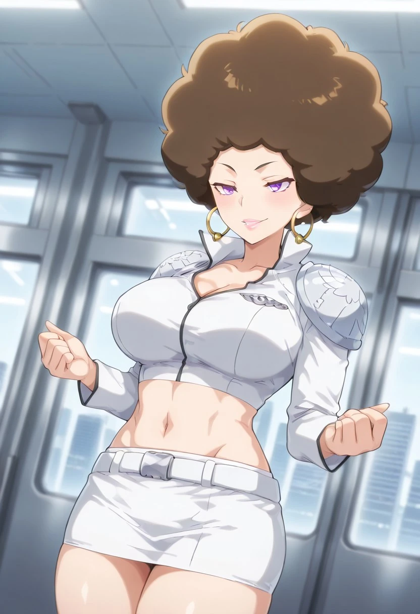 IrisHepburnKHR, 1girl, solo, afro, light brown hair, big hair, purple eyes, large hoop earrings, full lips, pink lips, larger bust, white crop top, cleavage, shoulder pads, white spell uniform, navel, midriff, groin, white belt, white short skirt, large but, thick thighs, long sleeves, high heels, jewelry,
masterpiece, best quality, fine details, intricate details, depth of field, subsurface scattering, bokeh, ultra-detailed, very aesthetic, detailed background, newest, scenery, highres, absurdres, colorful, vibrant, glowing, perfect face, 2d, perfect eyes, vibrant saturated colors, volumetric lighting, sharp, detailed eyes, perfect anatomy, perfect face, perfect eyes, mature body, clear eyes, beautiful eyes, athletic, curvy body, athletic girl, perky tits, perfect tits, round breasts, pinup pose, teasing, lustful expression, perfect hands,
muscular female, dutch angle, dynamic pose,
blush, smile, tease, teasing,
,Smooth Negative, Smooth_Quality,