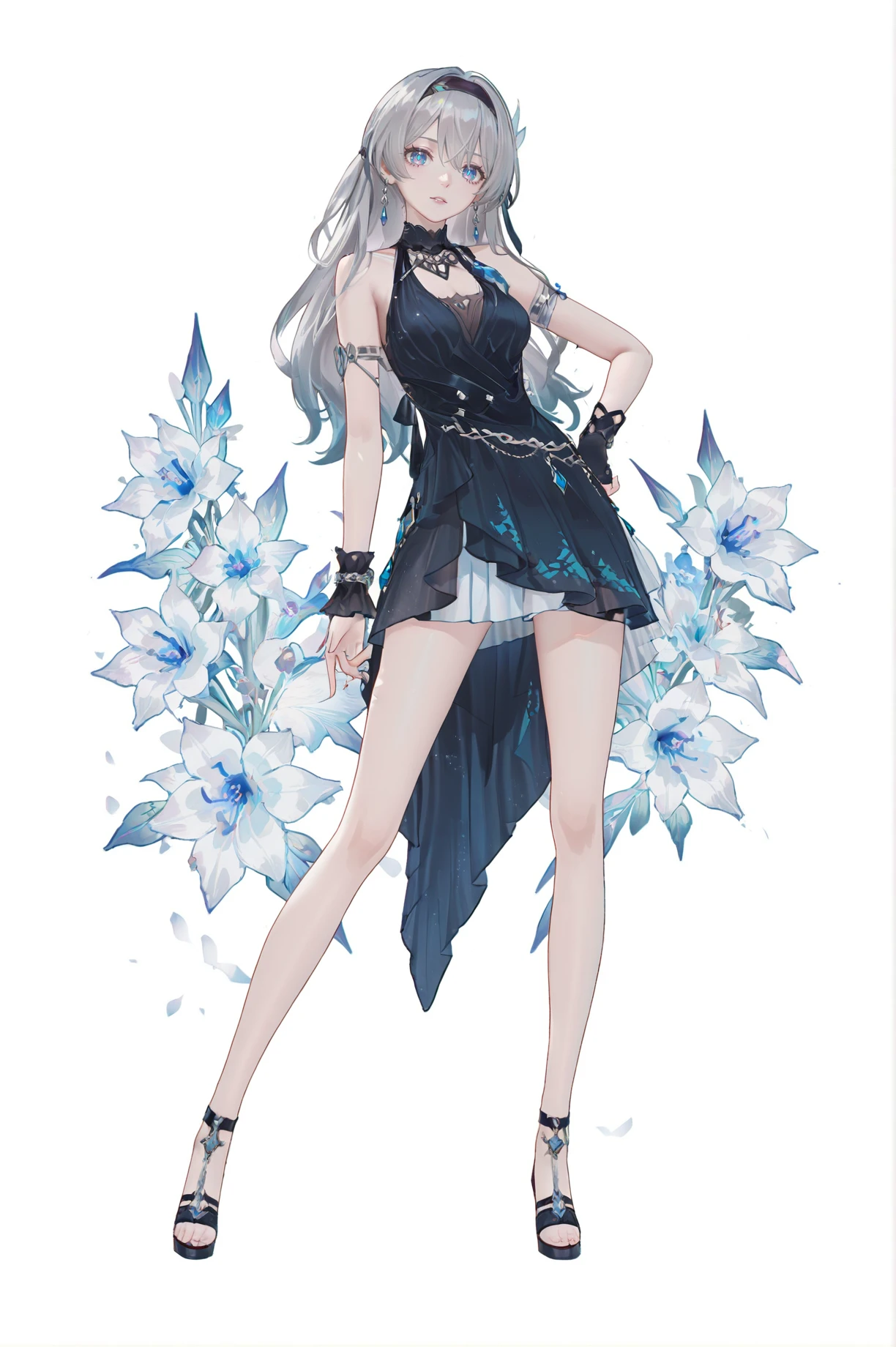 8k,best quality,masterpiece,(ultra-detailed),(high detailed skin),
(artist:reoen:0.826446),(artist:machi:0.9),(artist:ningen_mame:0.9),(artist:sho_(sho_lwlw):0.9),(artist:rhasta:0.9),(artist:wlop:0.7),(artist:ke-ta:0.6),(fkey:0.5),(tianliang duohe fangdongye:0.5),(hiten \(hitenkei\):0.6),best quality,amazing quality,(artist:onineko:0.826446),very aesthetic,bokeh,
masterpiece,best quality,<lora:wqmt-gnoob-Tanger:0.45>,Path to Nowhere  \(video game\),game CG,cool,
full body,full shot,standing,looking at viewer,(solo:1.2),simple background,(white background:1.2),hand on own hip,(white background:1.1),
<lora:LKnew-noob-con-Tanger-000013:0.7>,
Firefly \(honkai: star rail\),1girl,long hair,grey hair,blue eyes,hairband,
<lora:yela_newc-ill-Tanger:0.9>,
clothes: yelanew blue-and-black dress,yelanew alternate costume,1girl,yelanew single glove,jewelry,bracelet,sleeveless,yelanew fur trim,