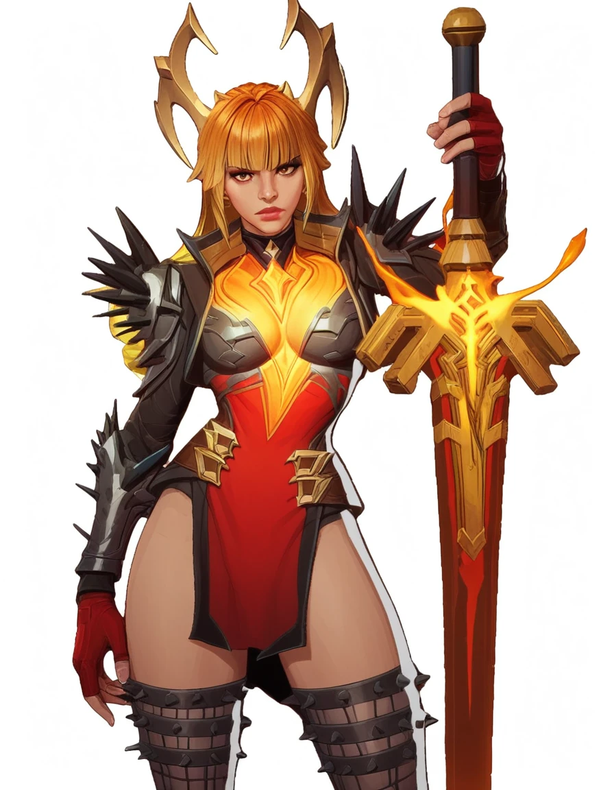 score_9,score_8_up,score_7_up,score_6_up,
1girl, solo, (((Magik, Standing, Phoenix Demon Outfit, 3/4 view, ambient light, white background, plain background)))
(((blonde and red hair, fringe, bangs))),
perfect face, beautiful face, serious expression, red lips, brown eyes, slender, sexy thighs, 5 fingers, perfect hands,
<lora:Magik_-_Phoenix_Demon_Outfit__Marvel_Rivals:1>