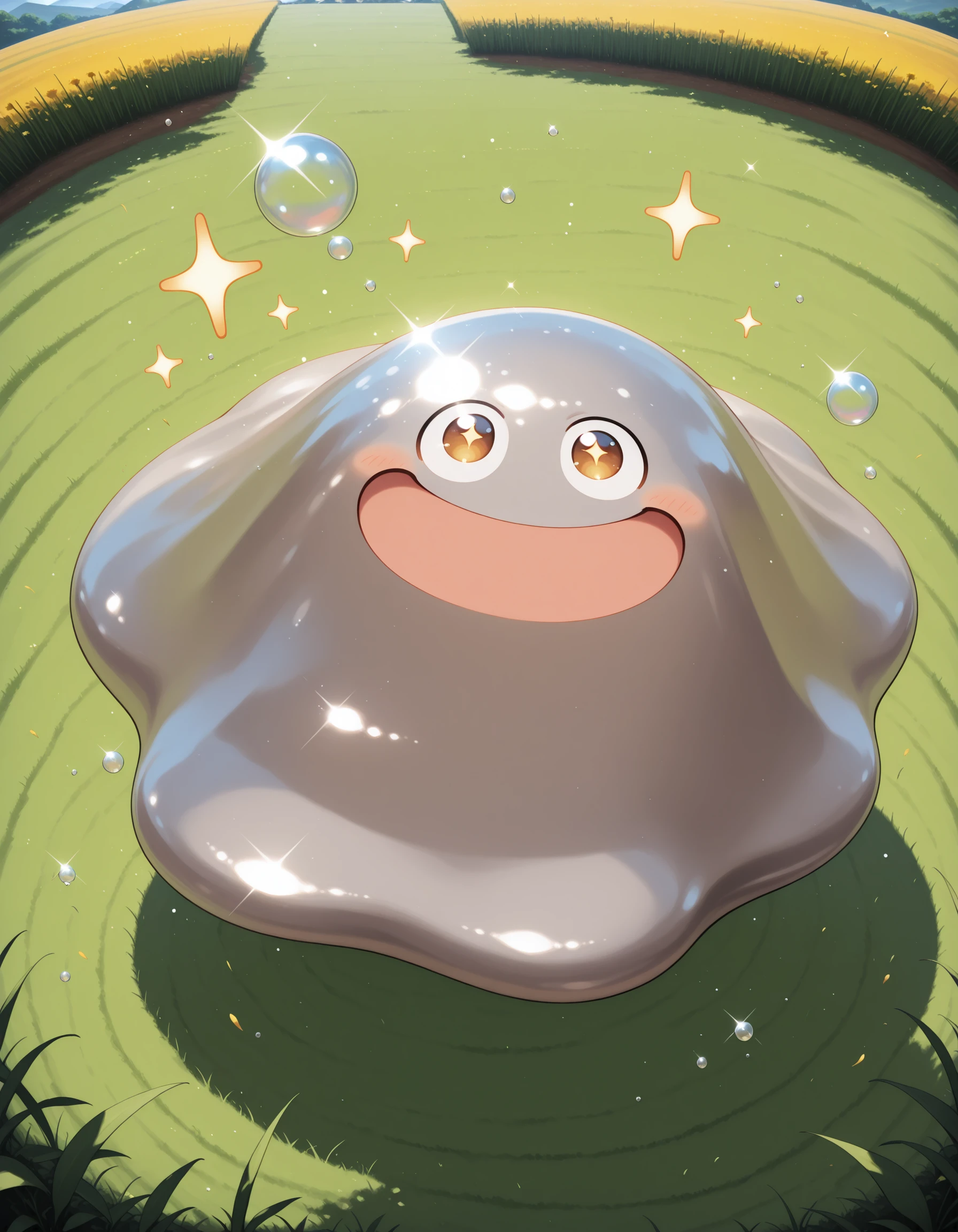 masterpiece,extreme detailed,day,outdoors,field BREAK 1other,solo,hagurin,no human,no legs,:D,slime \(creature\),bubble,<lora:hagurin-ILv2:1>,looking up,+++,sparkle,from above,looking at viewer,