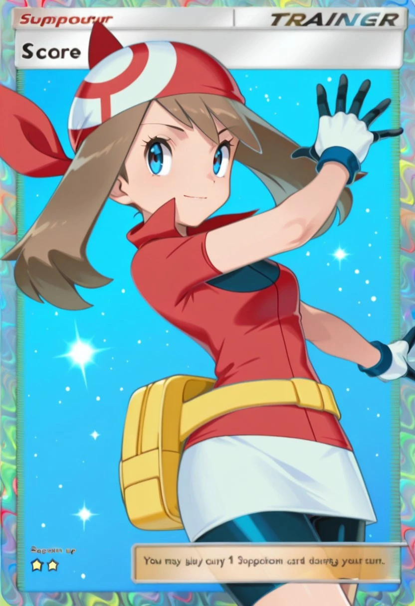 1mpR3nn3r, score_9, score_8_up, score_7_up, score_6_up, masterpiece, best quality, very awa,
Pkmn_pkt, card \(medium\), Blue background,
upper body, portrait, dynamic angle, dynamic pose,
1girl, solo, light smile,
zzMay, may (pokemon), solo, brown hair, blue eyes, medium hair, red shirt, bike shorts, red bandana, red shirt, gloves, white miniskirt, yellow belt,