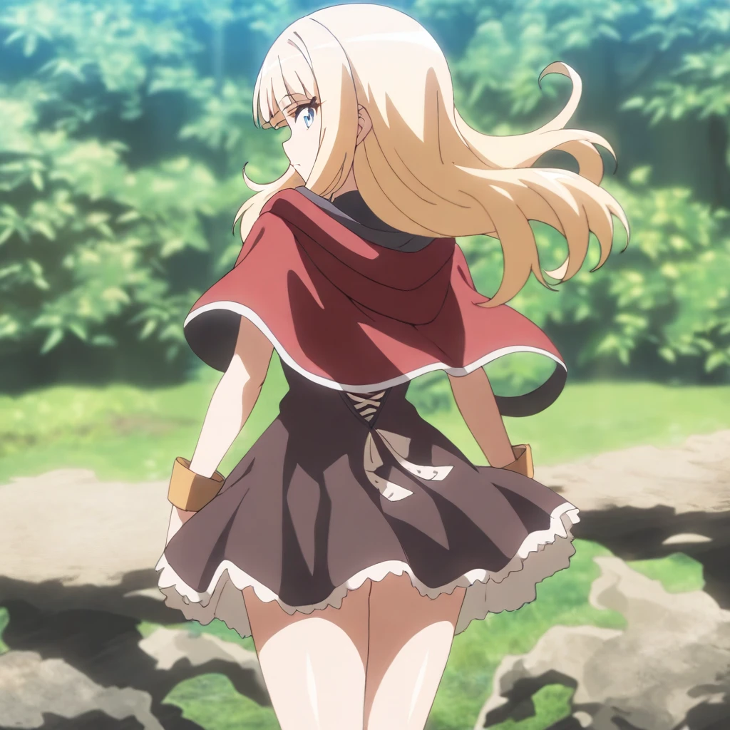 solo,masterpiece,high score,great score,absurdres,cowboy_shot,anime coloring,looking at viewer,from back,<lora:Anvil_Goblin'sLair ag4o:1> anvil, blonde hair, long hair, blue eyes,dress,red hood,bare legs,