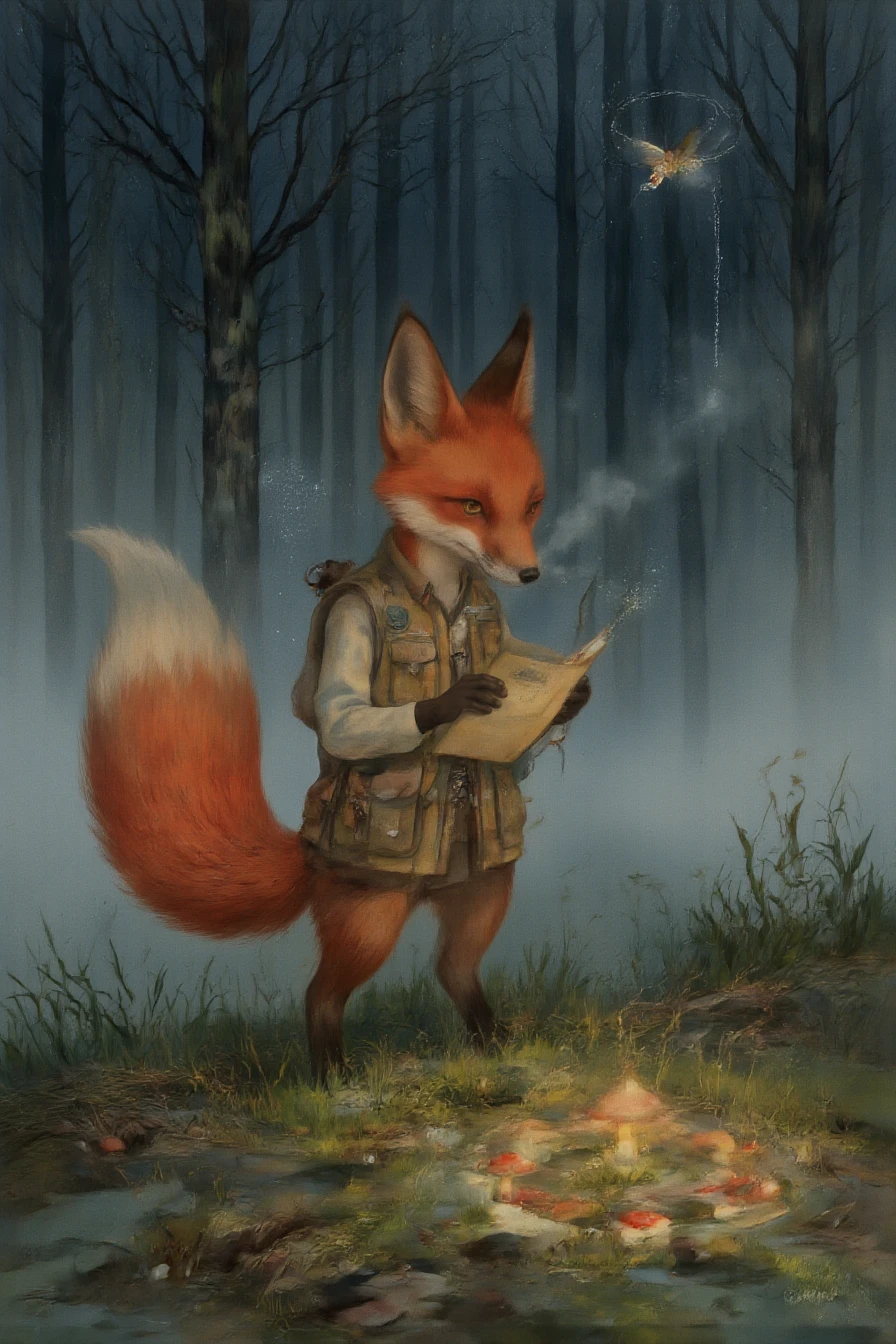 <lora:shurochka:1>, 5. Shurochka the Seeker â At the Edge of the Unknown
A red fox stands at the border of a misty meadow, one paw lifted as if testing the air. She wears her practical vest, a magnifying glass in one paw, a notebook tucked under the other. Her ears are perked forward, her eyes sharp with curiosity. Before her, a ring of glowing mushrooms pulses faintly, casting soft light on the grass. Around her: dewdrops on blades of grass, a single moth circling the light. Background: twilight forest, the boundary between the known and the mysterious. Style: whimsical childrenâs book illustration, soft watercolor textures, warm lighting. Mood: curious, cautious, ready for discovery.