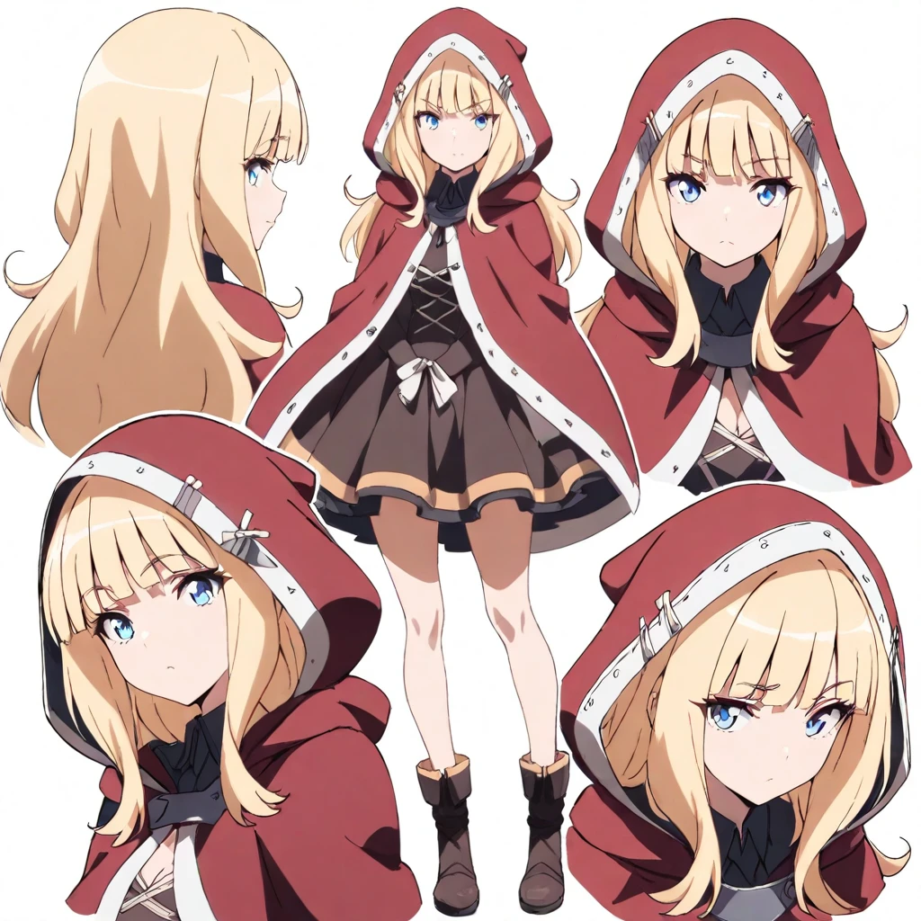 solo,masterpiece,high score,great score,absurdres,anime coloring,looking at viewer,<lora:character_Sheet_XL:0.5> character sheet, multiple views, white background,<lora:Anvil_Goblin'sLair ag4o:1> anvil, blonde hair, long hair, blue eyes,dress,red hood,