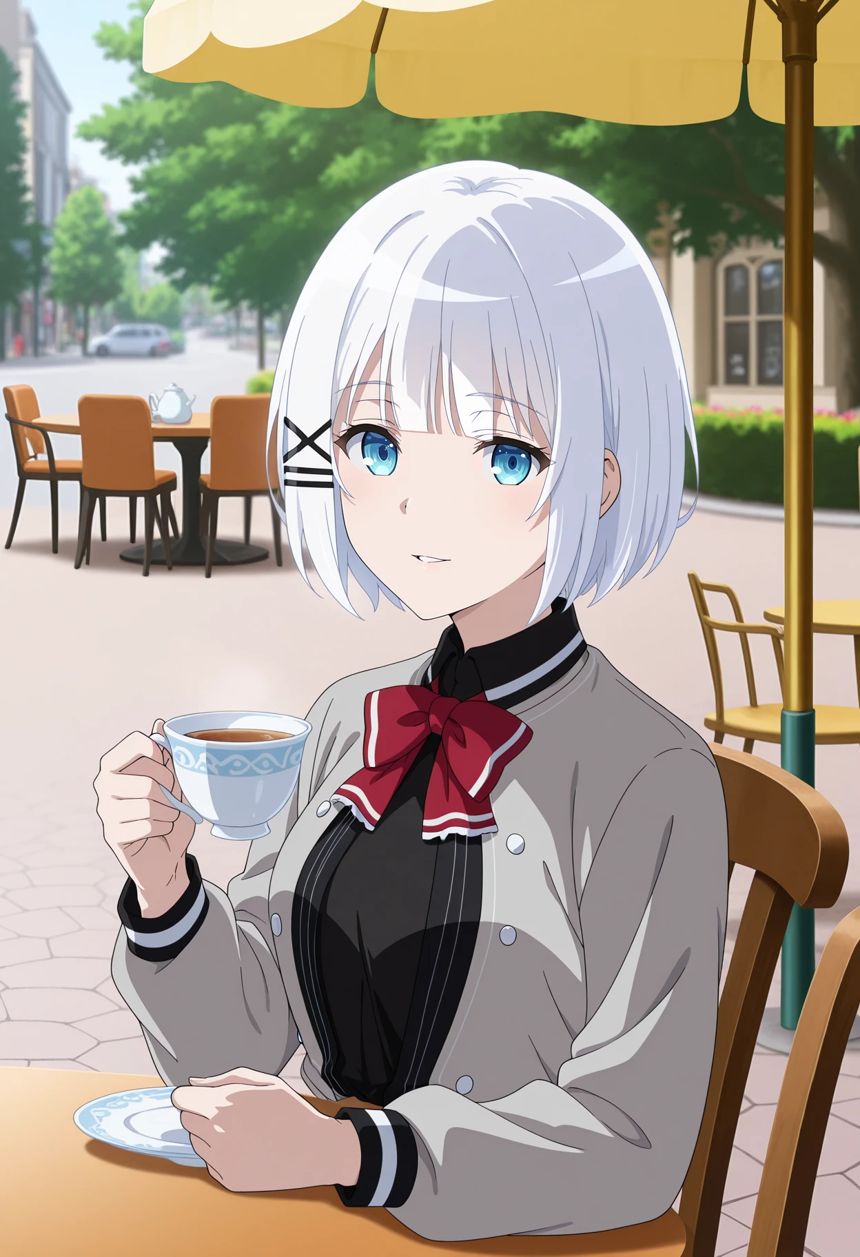 anime screencap, masterpiece, best quality,
1girl, solo, parted lips, light smile,
blunt bangs, short hair, white hair, blue eyes, x hair ornament,
open jacket, grey jacket, collard shirt, black shirt, red bowtie,
holding cup, teacup, teapot, 
sitting, looking at viewer, upper body, three quarter view, 
outdoors, chair, cafe, parasol, pavement, street, tree, photo background, blurry background,
<lora:TanteiWaMouShindeiru_Siesta_IlluXL:0.9>