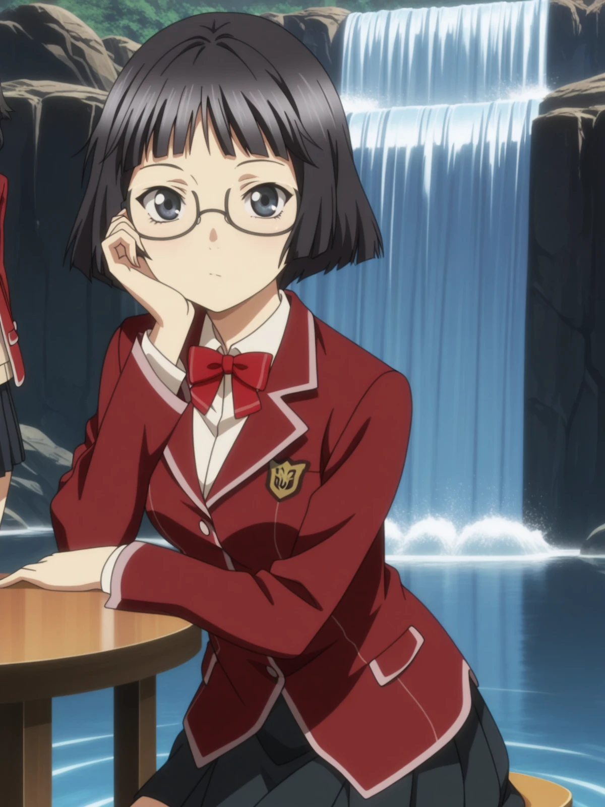 masterpiece, best quality, amazing quality,, <lora:kanon-kusama-s1-illustriousxl-lora-nochekaiser:1>, kanon kusama, short hair, black hair, glasses, black eyes, mature female, small breasts, anime screencap, skirt, bow, jacket, pleated skirt, bowtie, blazer, red blazer, red bowtie, black skirt,, sitting, head rest, table,, waterfall, water, rocks, plunge, spray, cowboy shot, solo, looking at viewer,