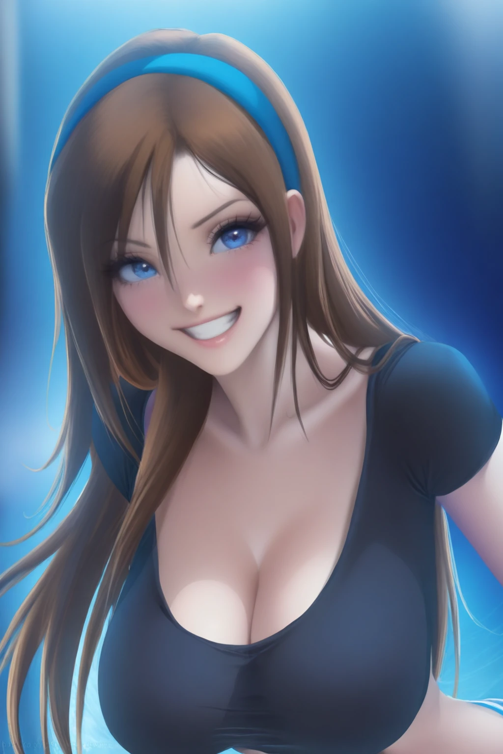 {{masterpiece,best quality,amazing quality}}, 1girl, solo, looking at viewer, upper body,
jago_erika, brown hair, long hair, blue hairband, blue eyes, grin, happy, large breasts, black crop top, loose crop top, cleavage, navel, short sleeves 
<lora:Erika_illustrious:0.7>  <lora:Sakimichan_v3 illustrious:0.7> sakimichan