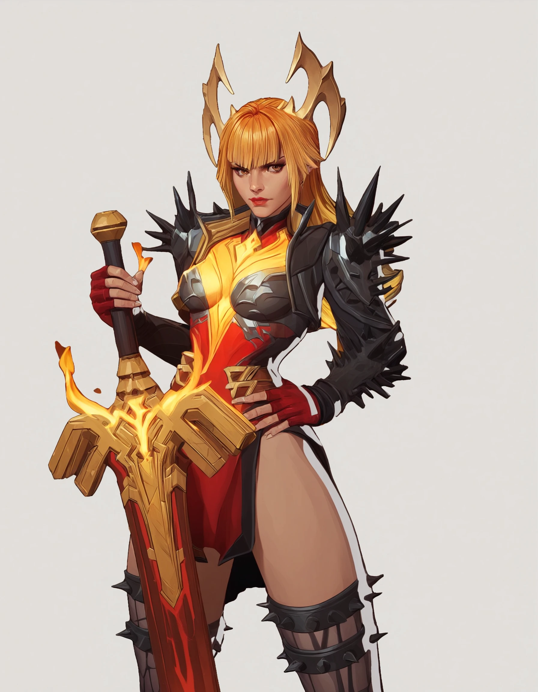 score_9,score_8_up,score_7_up,score_6_up,
1girl, solo, (((Magik, Standing, Phoenix Demon Outfit, 3/4 view, ambient light, white background, plain background)))
(((blonde and red hair, fringe, bangs))),
perfect face, beautiful face, serious expression, red lips, brown eyes, slender, sexy thighs, 5 fingers, perfect hands,
<lora:Magik_-_Phoenix_Demon_Outfit__Marvel_Rivals:1>