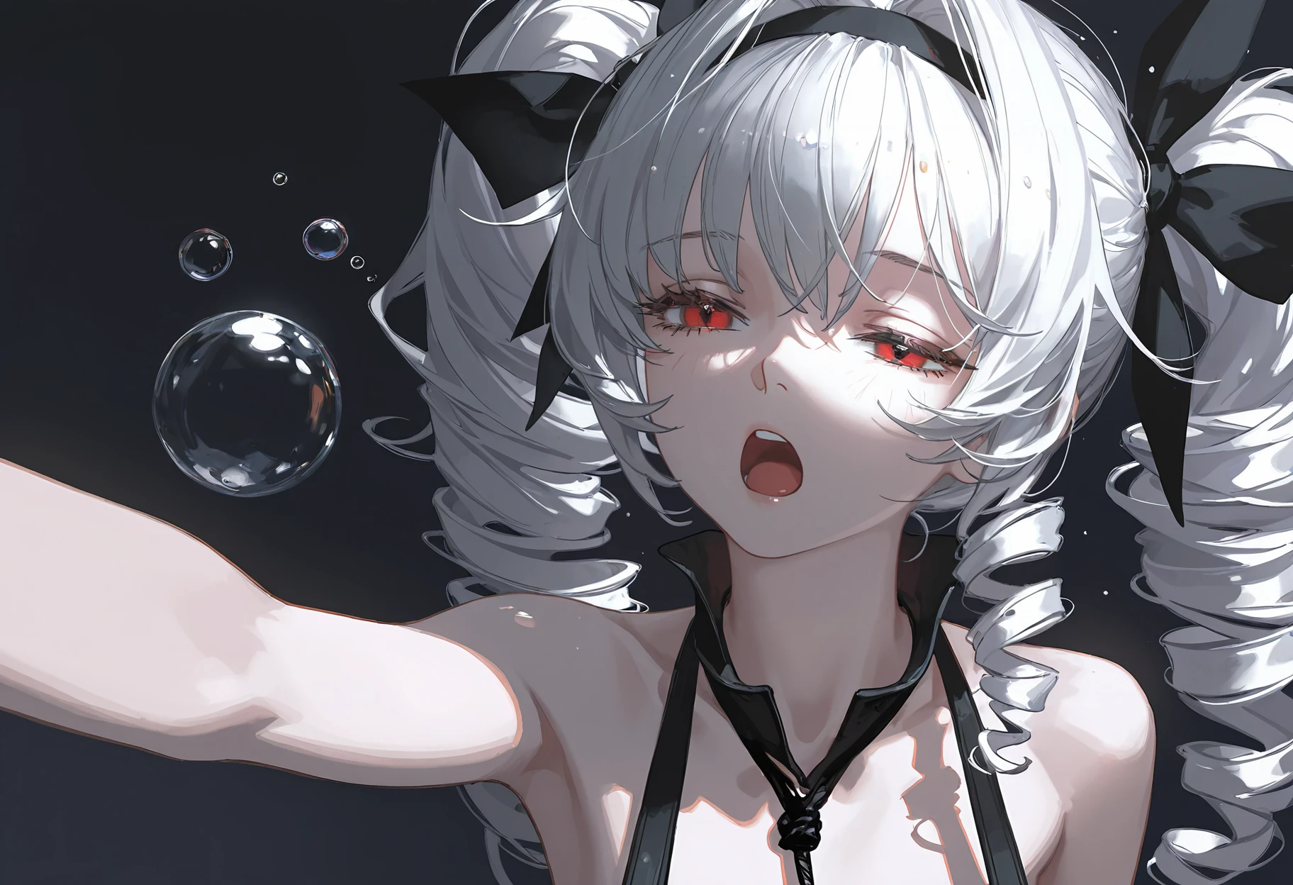 oil painting,impasto,highres,extremely detailed 8k wallpaper,illustration,great quality,masterpiece,best quality,amazing quality,very aesthetic,absurdres,wallpaper,detail eyes,
artist:dino_(dinoartforame),artist:konya_karasue,(artist:nixeu:0.8),(artist:wlop:0.5),artist:ciloranko BREAK
Dark fantasy style,1girl,solo,
<lora:æ®é西æ:0.9>,braid,hair intakes,long hair,red eyes,white hair,
SkinHairDetail,SkinDetail,OverallDetail,EyeDetail,shadows,high contrast,(portrait:1.3),taking selfie,selfie,solo,
(front view:1.2),streaked hair,white hair tip,white hair,(big drill hair:1.8),twintails,(sleepy:1.2),squinting,(open mouth wide:1.2),(black hanging collar:1.8),bare shoulders,text;Zzzz...,(black silk phnom penh ribbon:1.2),(hair ribbon:1.1),hair bow,bubble,yawning,palms,