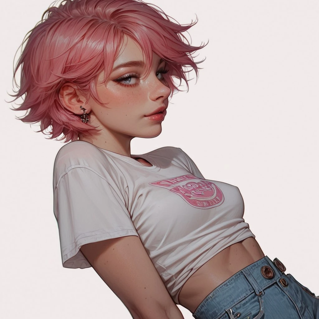 score_9_up, score_9, score_8_up, score_8, score_7_up, score_7, cinematic lighting, raw, high quality, 4k resolution, absurdres, masterpiece, dynamic lighting, high contrast, morimee_style,
1 trans-girl, 20 years old, (pink hair, short hair, punk hair, perfect body, perfect breasts, small soft breasts, fit, sexy, thin waist, wide hips, thigh gap, posing, cute face, (white t-shirt, powder blue trousers),
cowboy-shot, (side view:0.8),
(white background:1.2)