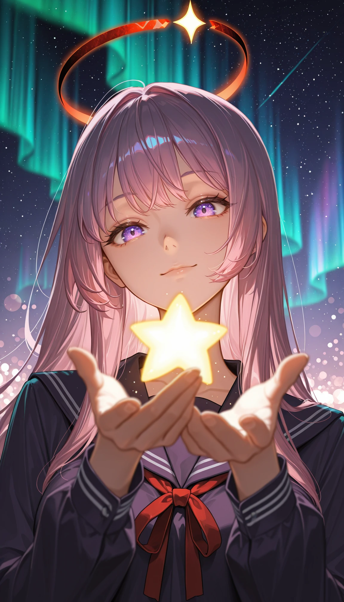 masterpiece, best quality, amazing quality, 4k, very aesthetic, high resolution, ultra-detailed, absurdres, newest, scenery, 1girl, solo, fashion photography of busty cute girl, (cute:1.2), pink hair, long hair, choppy bangs, nebulae cosmic purple eyes, rimlit eyes, light smile, dark purple serafuku, big red ribbon, red annular solar eclipse halo, fingers, glowing star in hand, from below, dutch angle, portrait, upper body, head tilt, colorful, rim light, backlit, (colorful light particles:1.2), cosmic sky, aurora, chaos, perfect night, fantasy background, BREAK, detailed background, blurry foreground, bokeh, depth of field, volumetric lighting