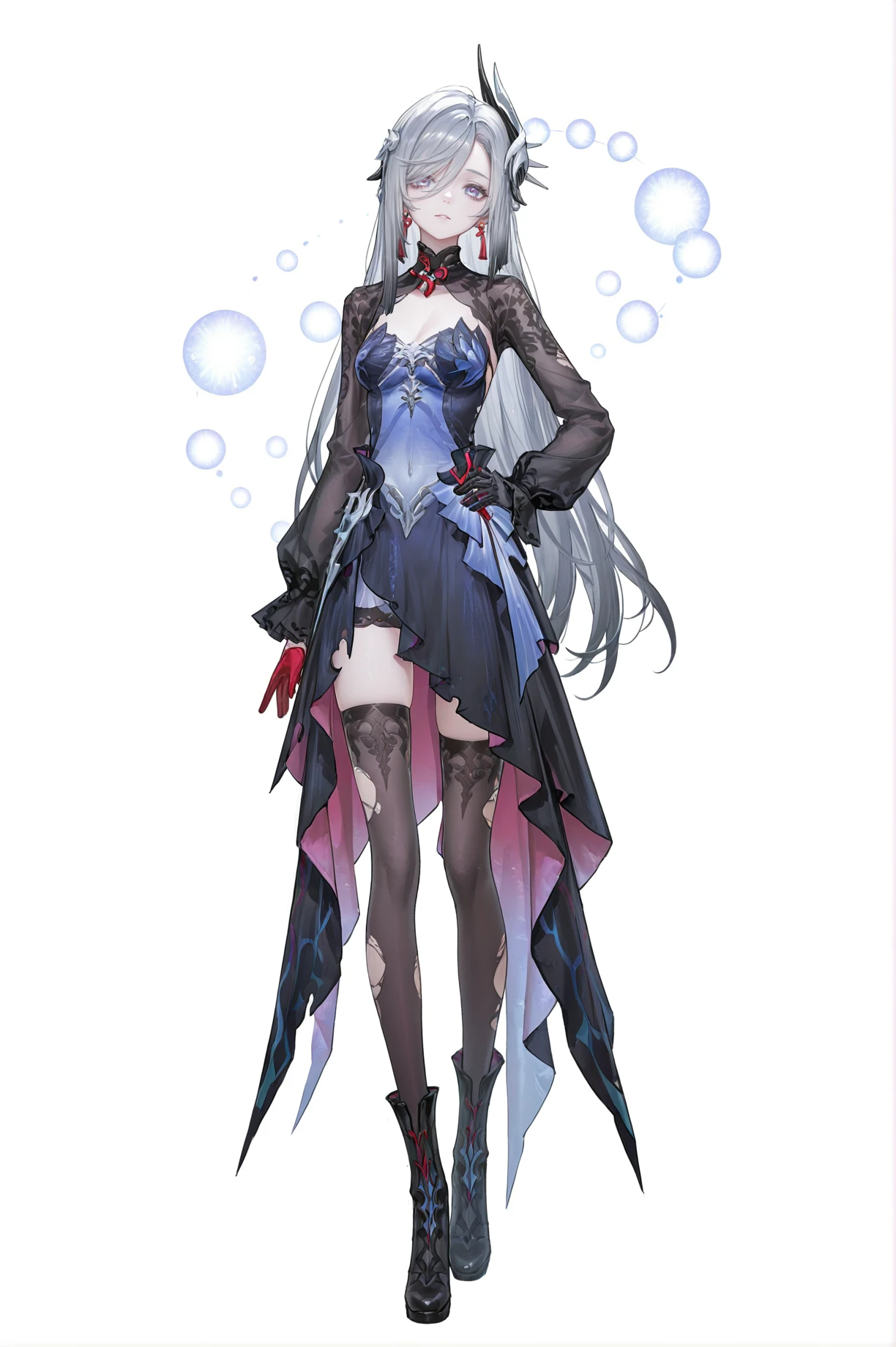 8k,best quality,masterpiece,(ultra-detailed),(high detailed skin),
(artist:reoen:0.826446),(artist:machi:0.9),(artist:ningen_mame:0.9),(artist:sho_(sho_lwlw):0.9),(artist:rhasta:0.9),(artist:wlop:0.7),(artist:ke-ta:0.6),(fkey:0.5),(tianliang duohe fangdongye:0.5),(hiten \(hitenkei\):0.6),best quality,amazing quality,(artist:onineko:0.826446),very aesthetic,bokeh,
masterpiece,best quality,<lora:wqmt-gnoob-Tanger:0.4>,Path to Nowhere \(video game\),game CG,cool,
full body,full shot,standing,looking at viewer,(solo:1.2),simple background,(white background:1.2),hand on own hip,(white background:1.1),
<lora:Hysilens-ill-Tanger:0.9>,
shenhe \(genshin impact\),silver hair,
clothes: Hysilensdef white-and-black dress,Hysilensdef thighhighs,Hysilensdef mismatched gloves,long sleeves,torn thighhighs,black left glove,red right glove,