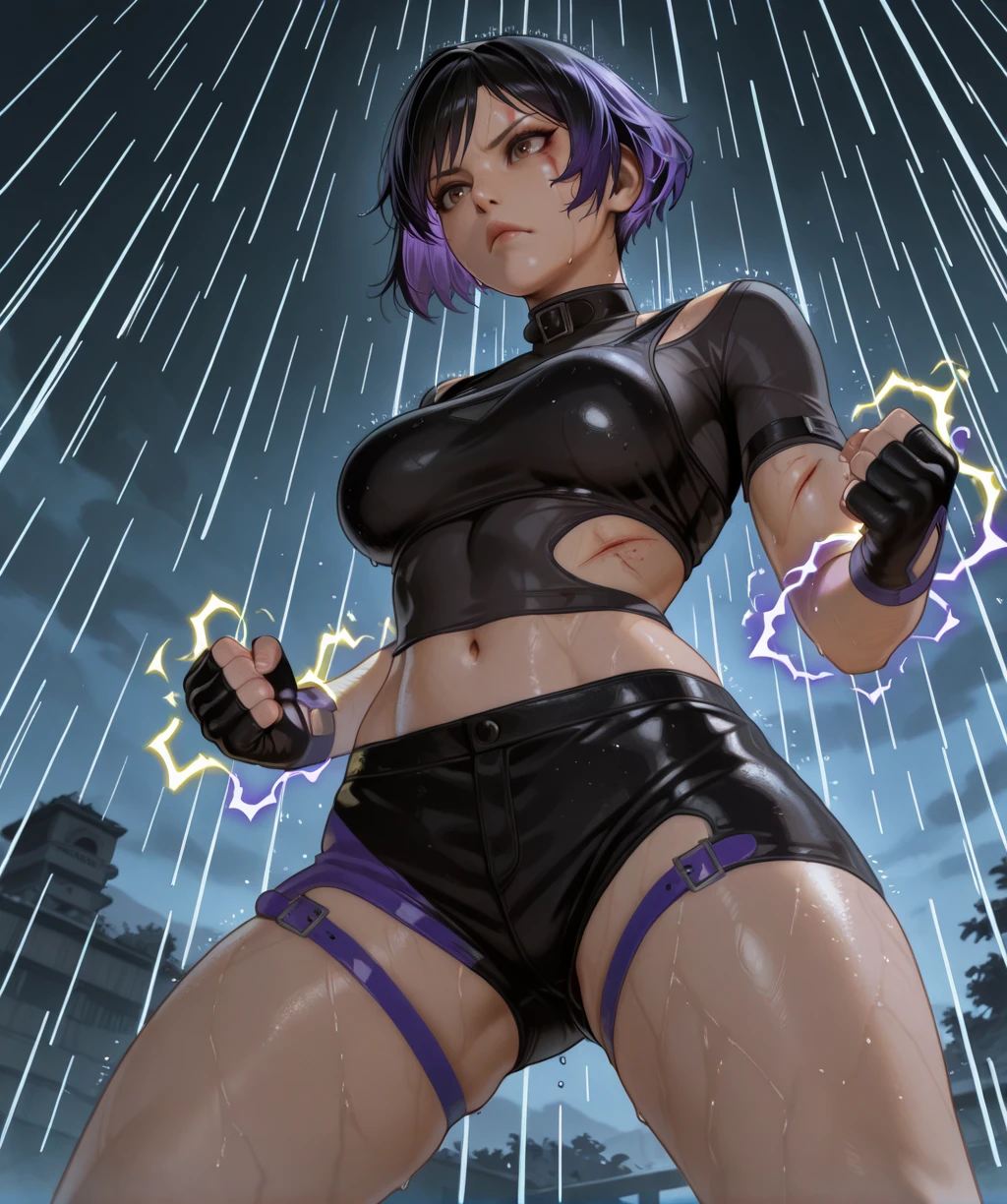 reinamxl, brown eyes, black hair, two-tone hair, purple hair, serious,
fingerless gloves, fighting stance, dual colored shorts, thigh strap, midriff, collar, black top,
clenched hands, purple and yellow electricity, from below, injury,
night, solo, rain, wet, skindentation,
(insanely detailed, masterpiece, best quality), <lora:ReinaMXL-12v1-iLL:1>,