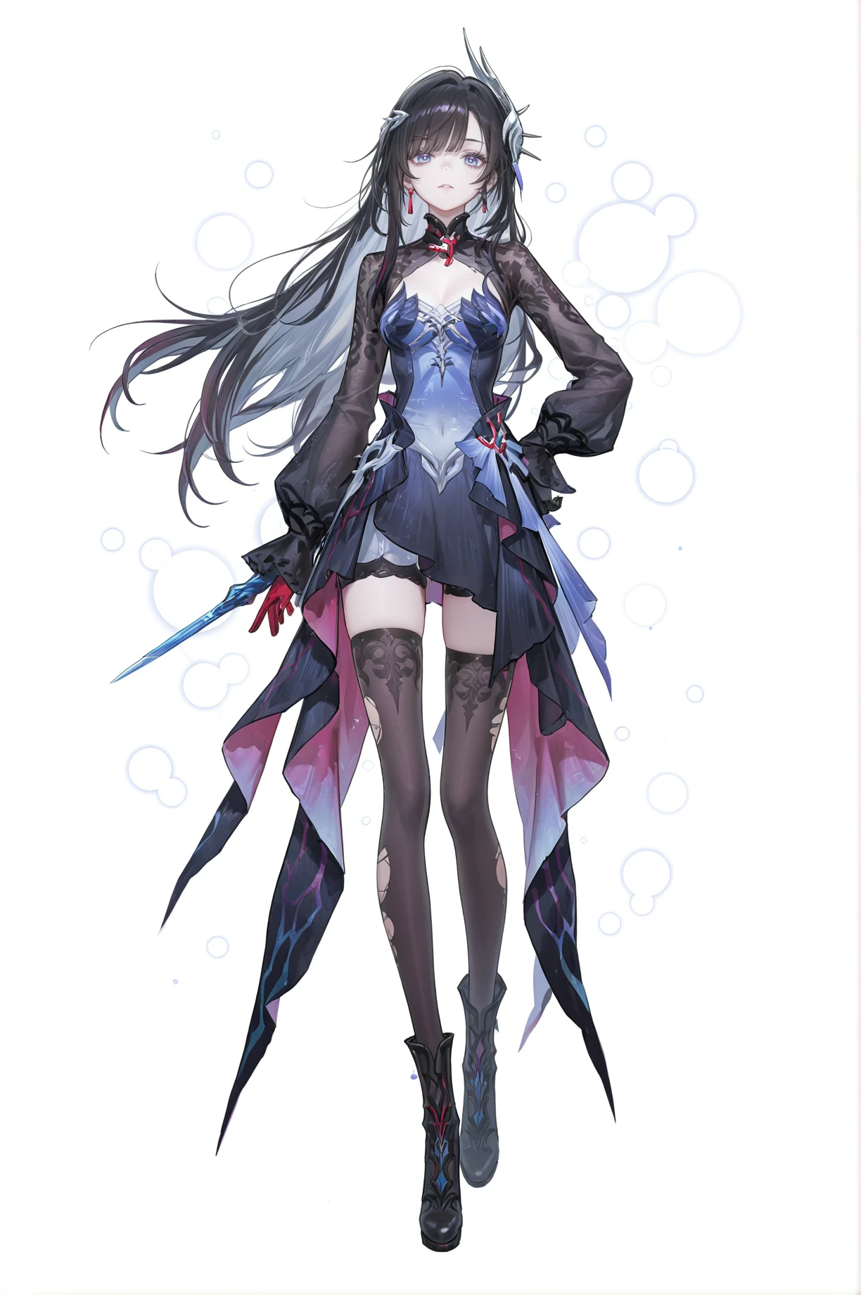 8k,best quality,masterpiece,(ultra-detailed),(high detailed skin),
(artist:reoen:0.826446),(artist:machi:0.9),(artist:ningen_mame:0.9),(artist:sho_(sho_lwlw):0.9),(artist:rhasta:0.9),(artist:wlop:0.7),(artist:ke-ta:0.6),(fkey:0.5),(tianliang duohe fangdongye:0.5),(hiten \(hitenkei\):0.6),best quality,amazing quality,(artist:onineko:0.826446),very aesthetic,bokeh,
masterpiece,best quality,<lora:wqmt-gnoob-Tanger:0.4>,Path to Nowhere \(video game\),game CG,cool,
full body,full shot,standing,looking at viewer,(solo:1.2),simple background,(white background:1.2),hand on own hip,(white background:1.1),
shenhe \(genshin impact\),long hair,hair ornament,
<lora:Hysilens-ill-Tanger:0.9>,
Hysilens \(Honkai: Star Rail\),silver face scale,1girl,long hair,blue eyes,black hair,Hysilensdef hair ornament,bangs,breasts,
clothes: Hysilensdef white-and-black dress,Hysilensdef thighhighs,Hysilensdef mismatched gloves,long sleeves,torn thighhighs,black left glove,red right glove,