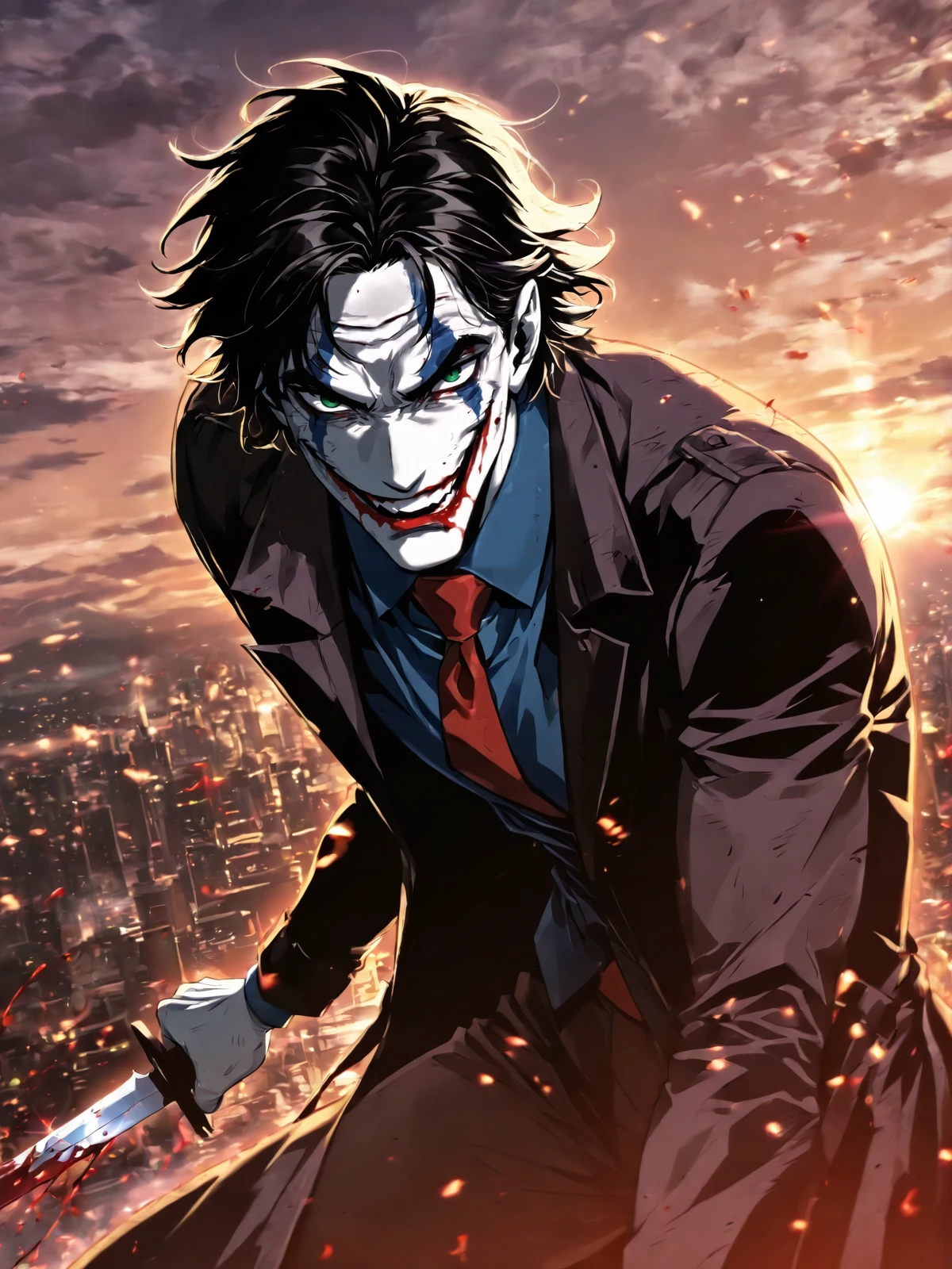 1boy,(joker \(dc\):1.2),cowboy shot,potrait,looking at viewer,<lora:Omniscient_Reader_rank16_fp16>,omn1sc1entr3ad3r,smug,(open mouth:0.5),holding knife,villain pose,epic,<lora:AddMicroDetails_Illustrious:0.5>,addmicrodetails,fighting,blood,, best quality,high quality,extremely detailed,8K HD,Subsurface scattering,epic,hdr,intricate details,8k,(hyperdetailed:1.2),(vivid colors:1.2),better shadows,