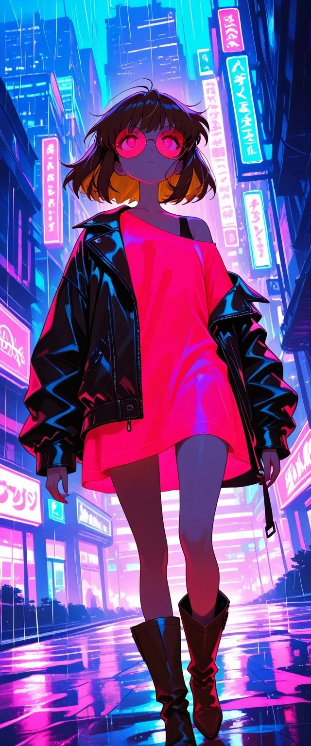 masterpiece, 8k, incredible detail, very awa, absurdres, retro anime style, vaporware, neon, night, cityscape, cyan palette, magenta palette, limited palette, full length, cowboy shot, dutch angle, (dark), raining, walking, nhl-001, neon, g0thic, plain oversized long pink t-shirt off one shoulder, black leather jacket, detailed pink eyes, large round glasses, short brown hair, alice_belange, knee high brown leather boots, glowing, glowneon, Laser light clothes, <lora:b02f84b7-fc8d-4a76-a9d4-6dd1c6f06c51:0.7>, <lora:363e0f3a-ec87-4fa7-9c4b-15a264c6de27:0.7>, <lora:b4418a42-483d-4298-ab32-f3f059a9bafc:0.7>, <lora:8114e9a3-3953-4f7a-8313-8af48aec33dc:0.7>, <lora:744f3b89-5cb9-43c3-bc06-e2c821ca31ee:0.7>