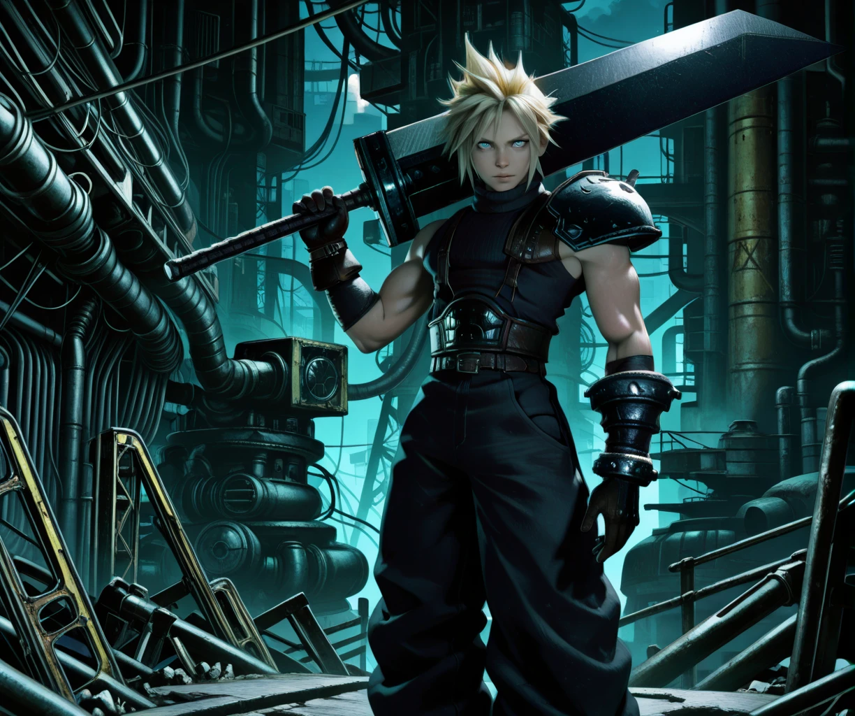 clodsfxl, blonde hair, blue eyes,
gloves, armor, single shoulder armor, sleeveless turtleneck,
standing, baggy pants, gloves, belt, toned,
looking at viewer, solo,
buster sword, weapon over shoulder,
night, industrial, science fiction,
<lora:CloudSFXL-12v1-iLL:0.9>,