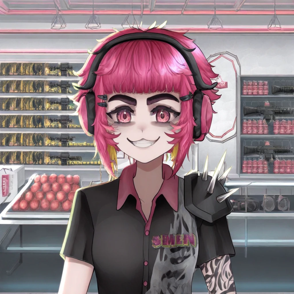 ppslayer, short hair, collared shirt, indoors, m4 carbine, grocery store, crowd, grin, headphones, hair ornament, spikes