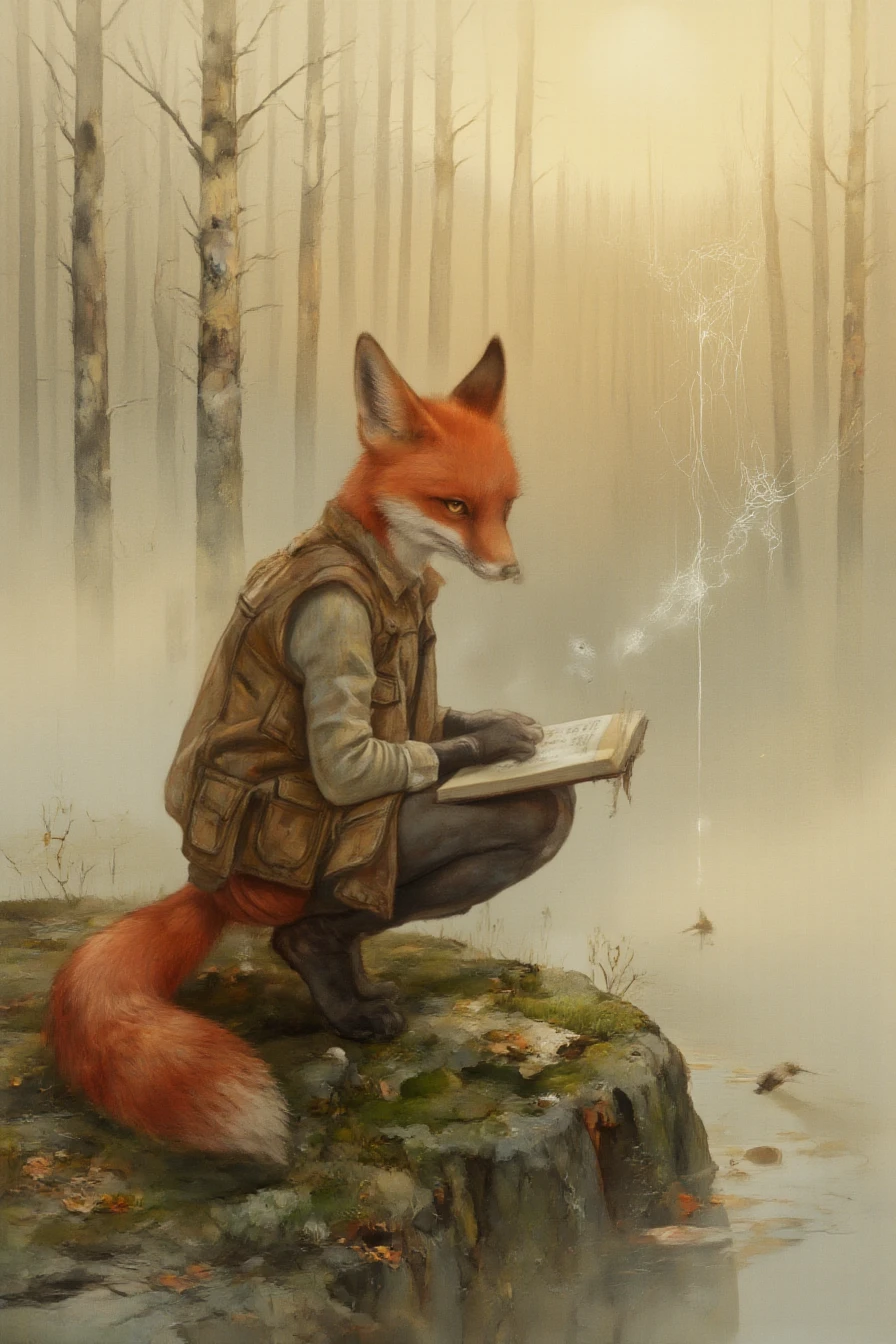 <lora:shurochka:1>1. Shurochka the Observer â In the First Light of Dawn
A sleek red fox with calm amber eyes crouches on a mossy stone at the forest edge, her practical vest covered in small pockets. She holds a well-worn notebook and a magnifying glass, writing with quiet focus. The page reads: âNoticed:â¦â Her tail rests low, still, like a shadow. Around her: dewdrops on spiderwebs, a single feather drifting down, the first rays of sun piercing the mist. Background: a quiet clearing at dawn, soft golden light filtering through tall pines. Style: whimsical childrenâs book illustration, soft watercolor textures, warm lighting. Mood: observant, serene, deeply present.