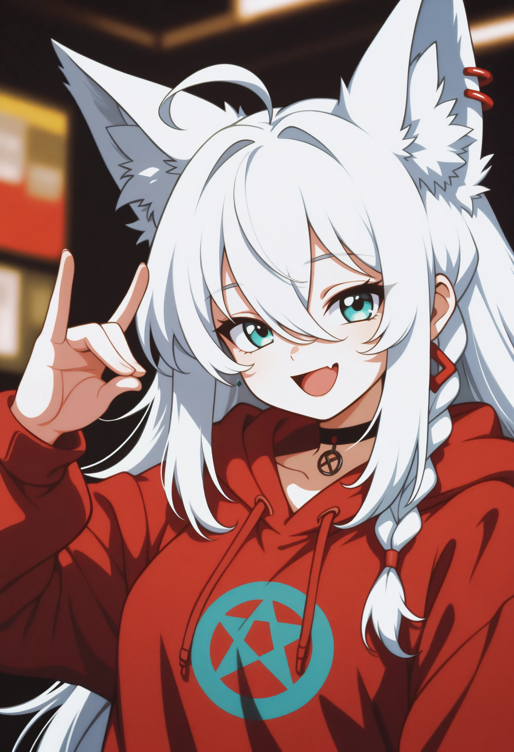 <lora:90retro-illustriousXL_v01_V1-CAME-000036>, 1girl, solo, 90retrostyle, retro artstyle, film grain, depth of field, long bangs, upper body, fang, hoodie, blurry background, :d, pentagram, fox ears, side braid, hood, fox girl, sidelocks, black choker, single earring, ahoge, long sleeves, jewelry, choker, braid, aqua eyes, smile, skin fang, red hoodie, looking at viewer, earrings, virtual youtuber, blurry, hair between eyes, white hair, long hair, fox shadow puppet,