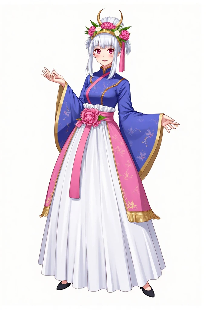 E_style,This is an illustration of a traditional - style costume. It features a high - collared top with wide, flowing sleeves. The top has a blue main color with pink and gold decorative elements, including a pink sash around the waist adorned with a flower. The lower part is a long, white skirt. There is also a headpiece decorated with flowers and ribbons, matching the overall color scheme of blue, pink, and gold. The design is rich in details, showcasing an elegant and classic aesthetic.