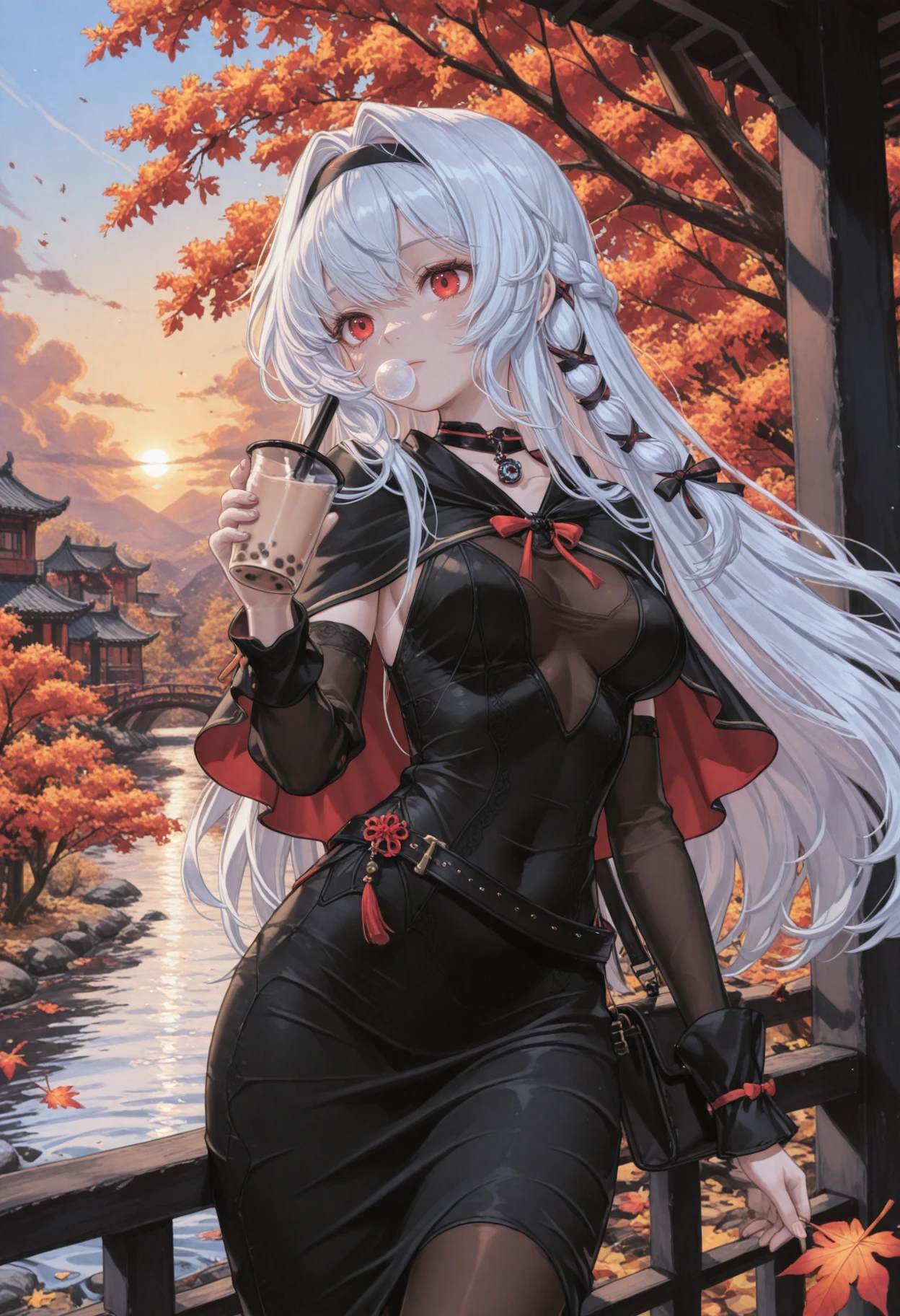 masterpiece,high quality,best quality,newest,incredibly absurdres,high contrast,
<lora:æ®é西æ:0.9>,braid,hair intakes,long hair,red eyes,white hair,
diyitaopulixila,diyipuli black belt,diyipuli black capelet,diyipuli choker,diyipuli black taut long dress,diyipuli black hairband,diyipuli brown pantyhose,diyipuli detached sleeves,diyipuli balck and red hair ribbon,
((((detailed background)))),bridge,look at viewers,red maple tree,in autumn,(Cirrocumulus:1.3),sunset,wind,luoye,leaves floating,(frontlight:0.6),(backlight:1.2),cowboy_shot,reflection,brown shoulder bag,holding bubble tea,leaning on railing,river course,(bear pendant:1.2),(see-through hair:0.8),chinese wind architecture,chinese_style_loft,fire cloud,sideways,suspended leaves,