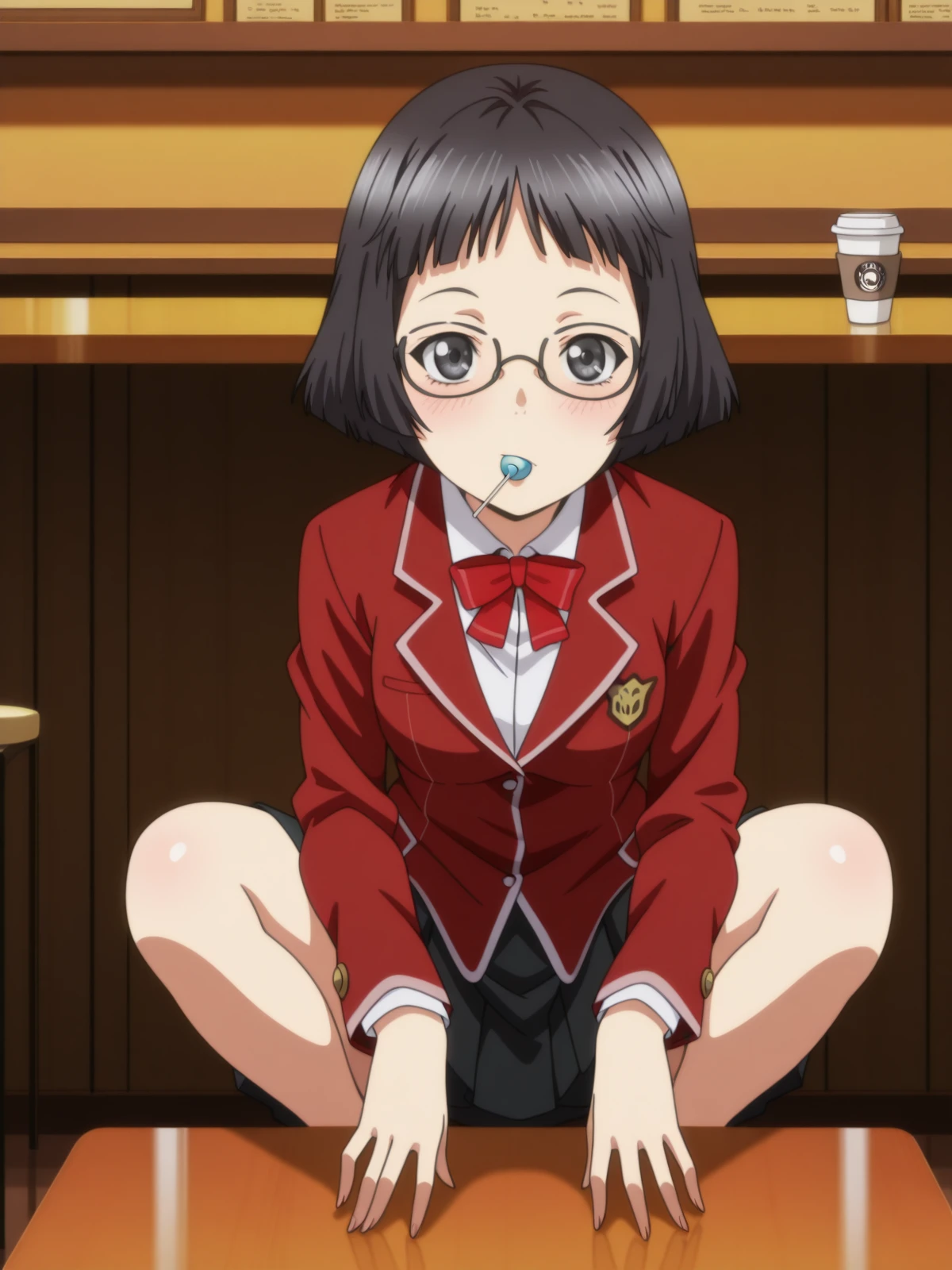 masterpiece, best quality, amazing quality,, <lora:kanon-kusama-s1-illustriousxl-lora-nochekaiser:1>, kanon kusama, short hair, black hair, glasses, black eyes, mature female, small breasts, anime screencap, skirt, bow, jacket, pleated skirt, bowtie, blazer, red blazer, red bowtie, black skirt,, <lora:slav-squatting-illustriousxl-lora-nochekaiser:1>, slav squatting, solo, looking at viewer, blush, full body, mouth hold, squatting, candy, lollipop, food in mouth,, cafe, coffee, table, chairs, casual, cowboy shot, solo, looking at viewer,