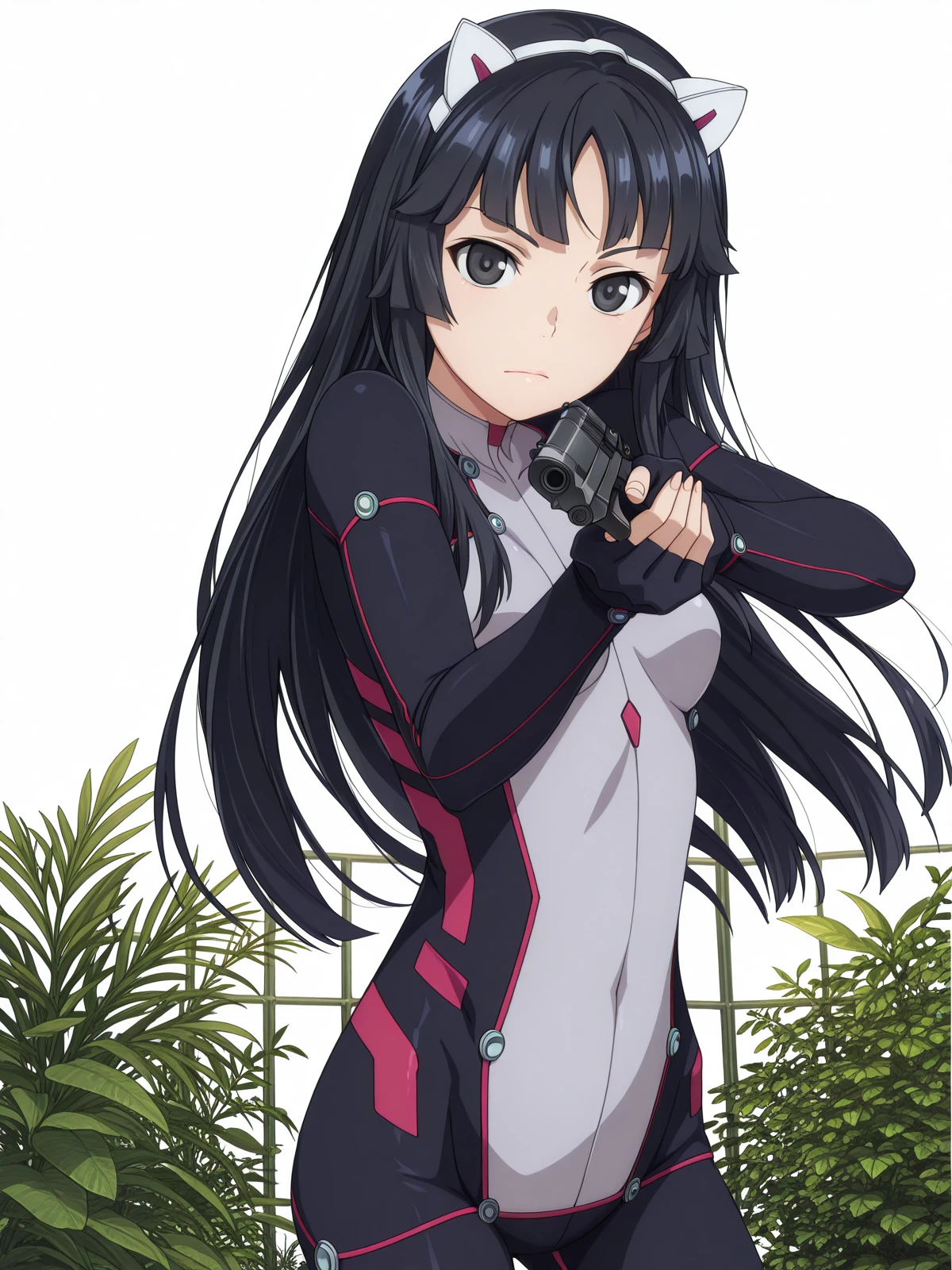 masterpiece, best quality, amazing quality,, <lora:guiltycrown-tsugumi-s1-illustriousxl-lora-nochekaiser:1>, tsugumi, long hair, black hair, animal ears, black eyes, fake animal ears, cat ears, mature female, small breasts, anime screencap, fingerless gloves, bodysuit, <lora:center-axis-relock-stance-illustriousxl-lora-nochekaiser:1>, center axis relock stance, looking at viewer, holding, closed mouth, weapon, holding weapon, gun, holding gun, handgun, aiming, finger on trigger, aiming at viewer, m1911,, greenhouse, plants, glass, warm, growth, cowboy shot, solo, looking at viewer, <lora:transparent-background-illustriousxl-lora-nochekaiser:1>, transparent background, simple background, white background
