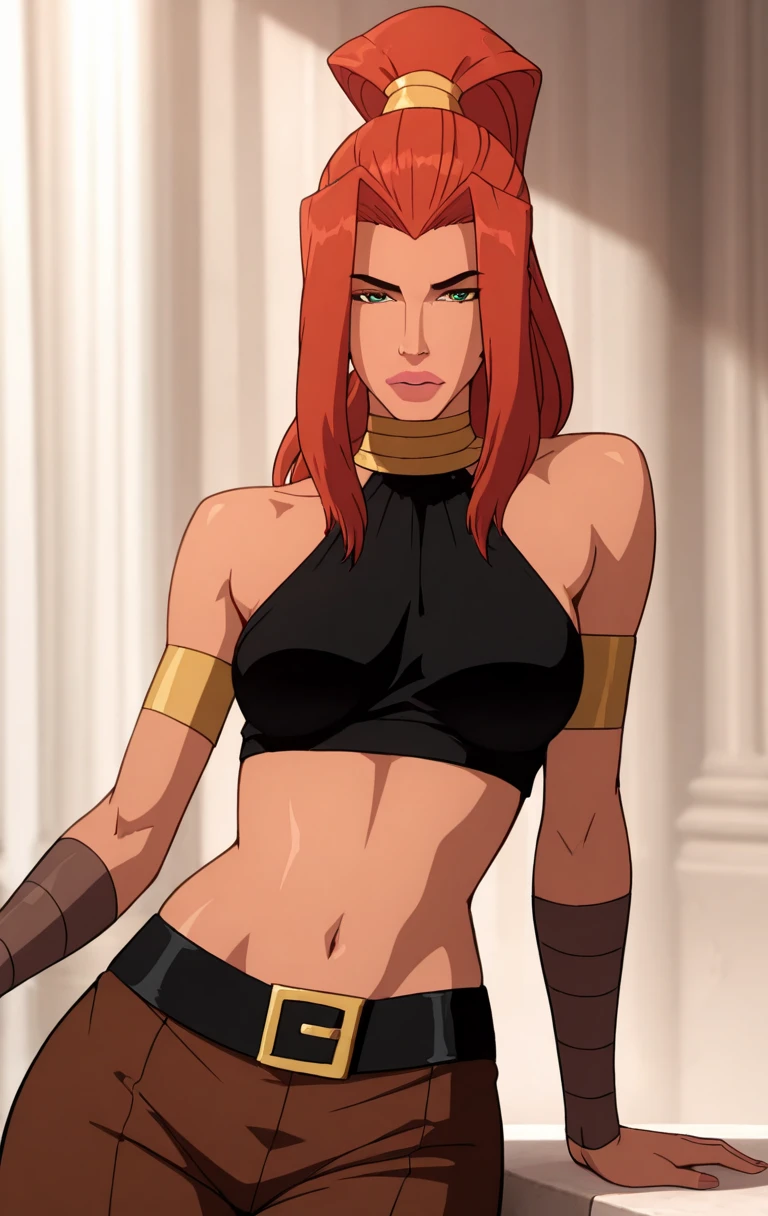 "0" :"masterpiece, best quality, highres,best quality, amazing quality, very aesthetic, high resolution, ultra-detailed,1girl, solo, long hair, breasts, green eyes, bare shoulders, medium breasts, green hair, red hair, belt, pointy ears, belt buckle, armband, arm support, brown skin, high ponytail,art3m1s,((shinny skin,cowboy shot))",