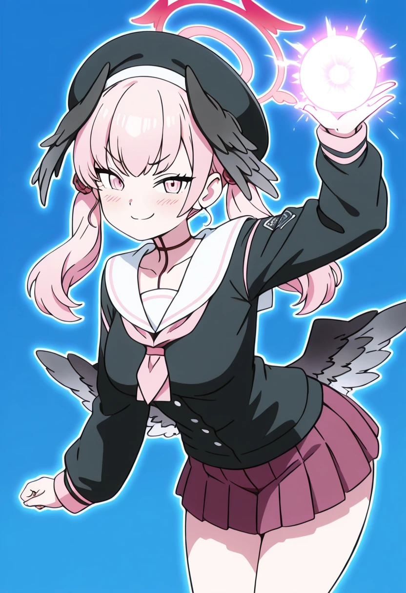 masterpiece, best quality, solo, curvy, beautiful eyes, narrow waist, wide hips, 1girl, solo, smile, looking at viewer, zzKoharu, pink eyes, pink hair, pink halo, wings, head wings, black wings, twintails, feathered wings, halo, long hair, aged up, large breasts, low wings, black headwear, beret, black shirt, long sleeves, pleated skirt, white sailor collar, ,<lora:ShimoeKoharuBlueArchive_IXL_v1:1.0>, ,vivid aura, looking at viewer, blue background, smug, aura, super saiyan, charging energy, energy ball, energy, lightning, <lora:DBSBroly_Style_IXL_v2:0.6>,