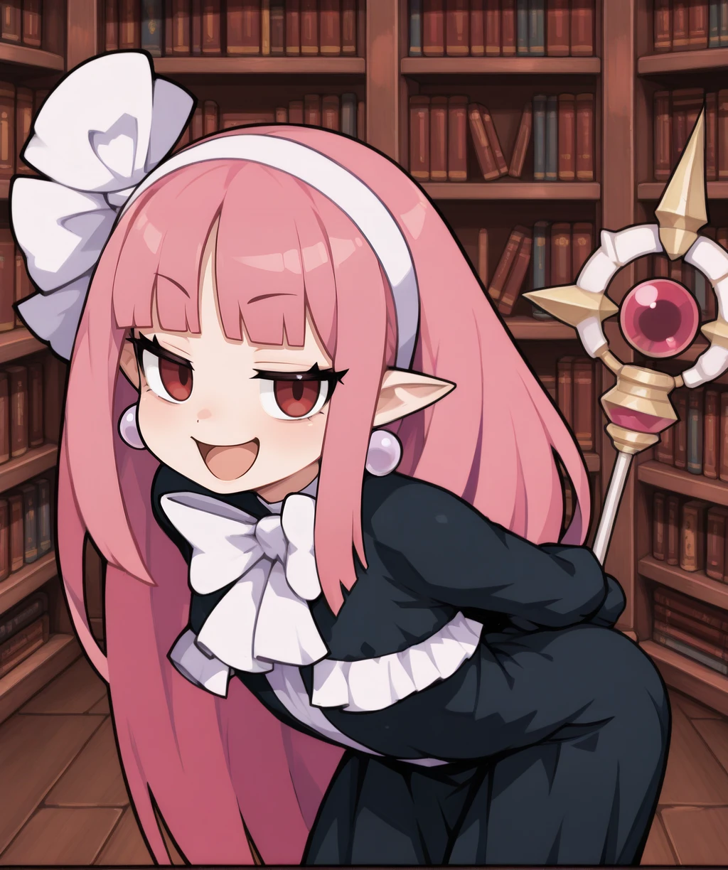 wtchdgxl, pink hair, red eyes,
upper body, smug, open mouth,
black dress, white hairband, hair ribbon, earrings,
looking at viewer, standing, holding staff, arms behind back, leaning forward,
library, solo,
(insanely detailed, masterpiece, best quality),
<lora:WitchDGXL:1>,