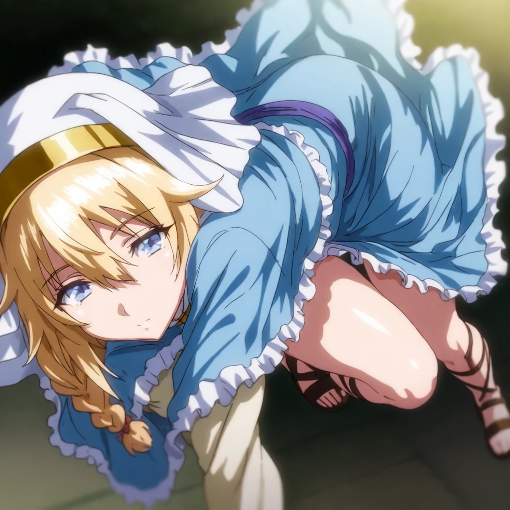 solo,anime coloring,looking at viewer,masterpiece,high score,great score,absurdres,<lora:ElenaCleric ag4o:1> elenacleric, blonde hair, braid, blue eyes,nun,dress,capelet,sash,sandals,