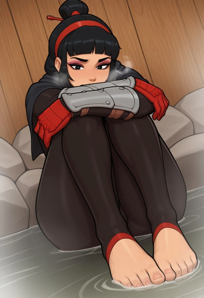 mrpotatoparty, masterpiece, best quality, newest, absurdres, highres, undershirt, black bodysuit, hair stick, hugging knees, gauntlets, eyeshadow, red gloves, two sides up, black capelet, red hairband, black eyes, 1girl, solo, feet, visible breath, dynamic angle, foreshortening, smell, steam, onsen, water, toeless legwear,