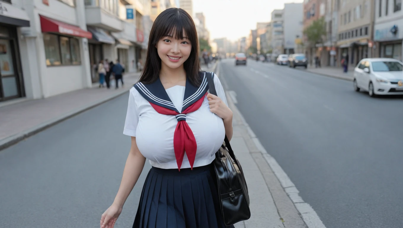 1girl, huge breasts, serafuku, holding school bag, smiling, on street, public