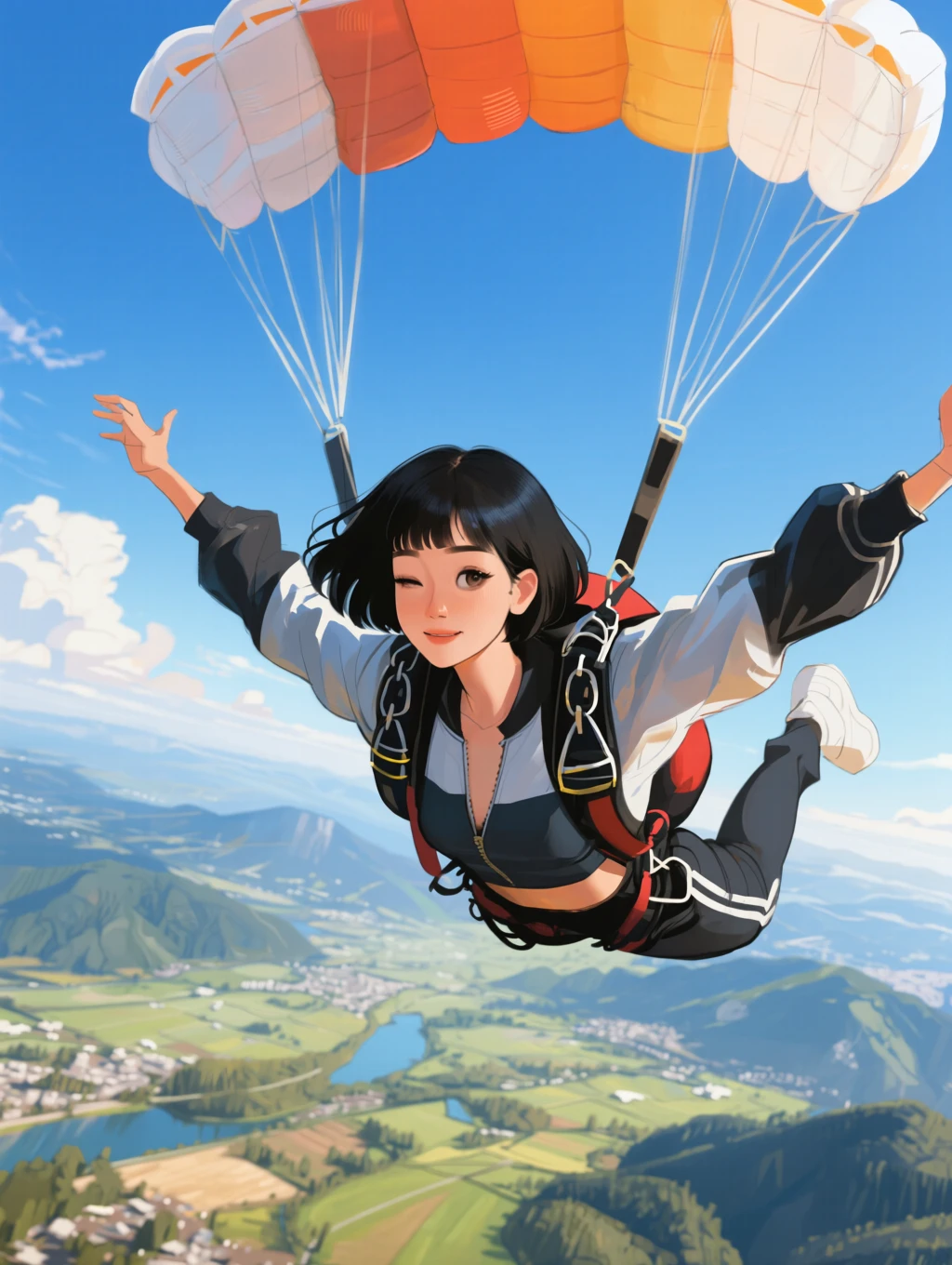 samdoesarts, a beautiful korean woman with black bobcut hair skydiving, she has cool stylish clothing, beautiful landscape can be seen in the background <lora:samdoesarts_qwen:1>