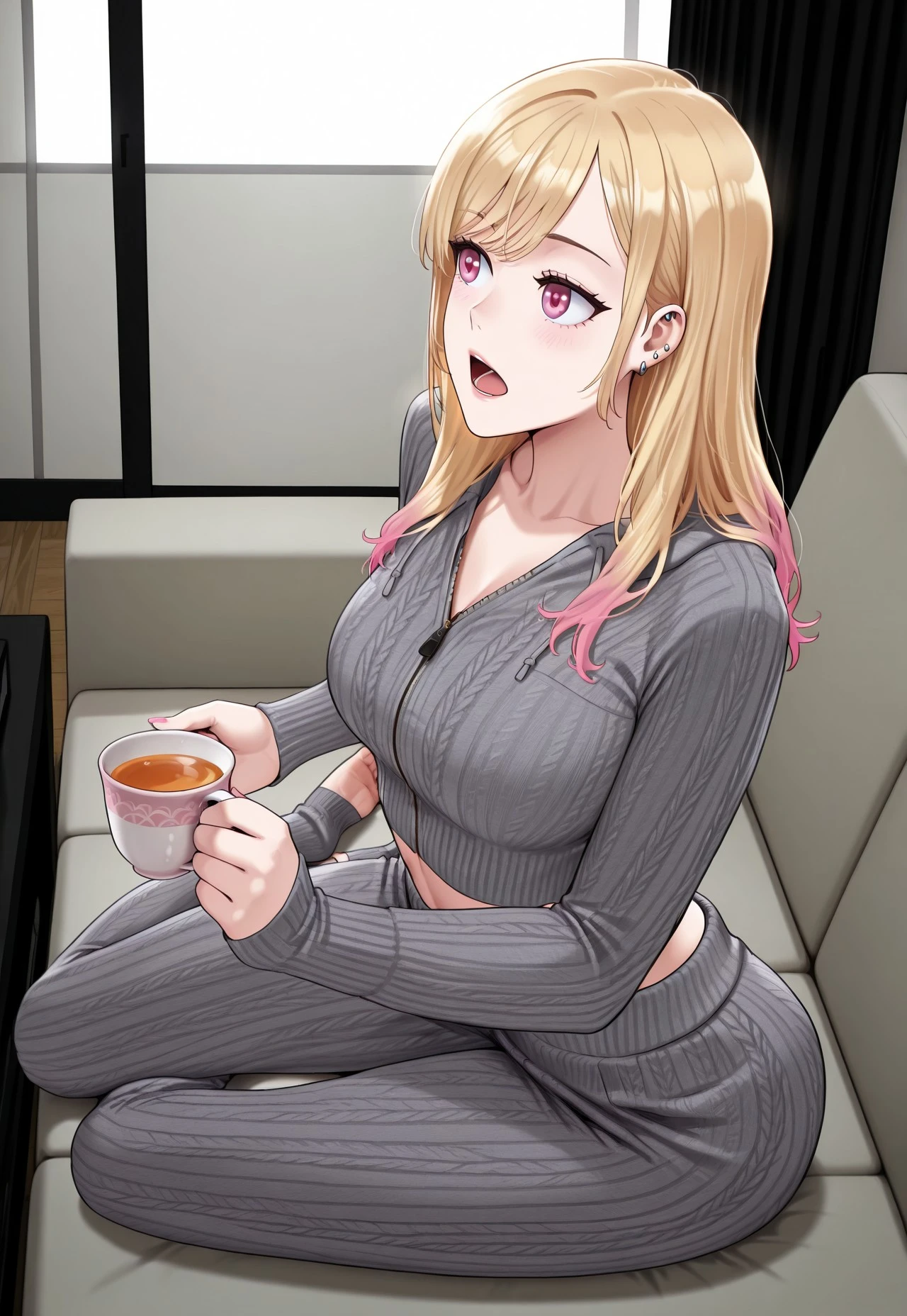 masterpiece, best quality, perfect face, absurdres, HD girl, R, extremely detailed CG, score_9, score_8_up,
from above, from side,
1girl, solo, ktgw, long hair, swept bangs, multicolored hair, colored tips, blonde hair, pink eyes, large breasts, ear piercing, large breasts, grey knit crop top, front zipper, grey knit pants, hood, yokozuwari, feet, looking to the side, curious, open mouth, holding tea cup,
indoors, apartment, living room, morning,
very aesthetic, cinematic lighting, volumetric lighting,